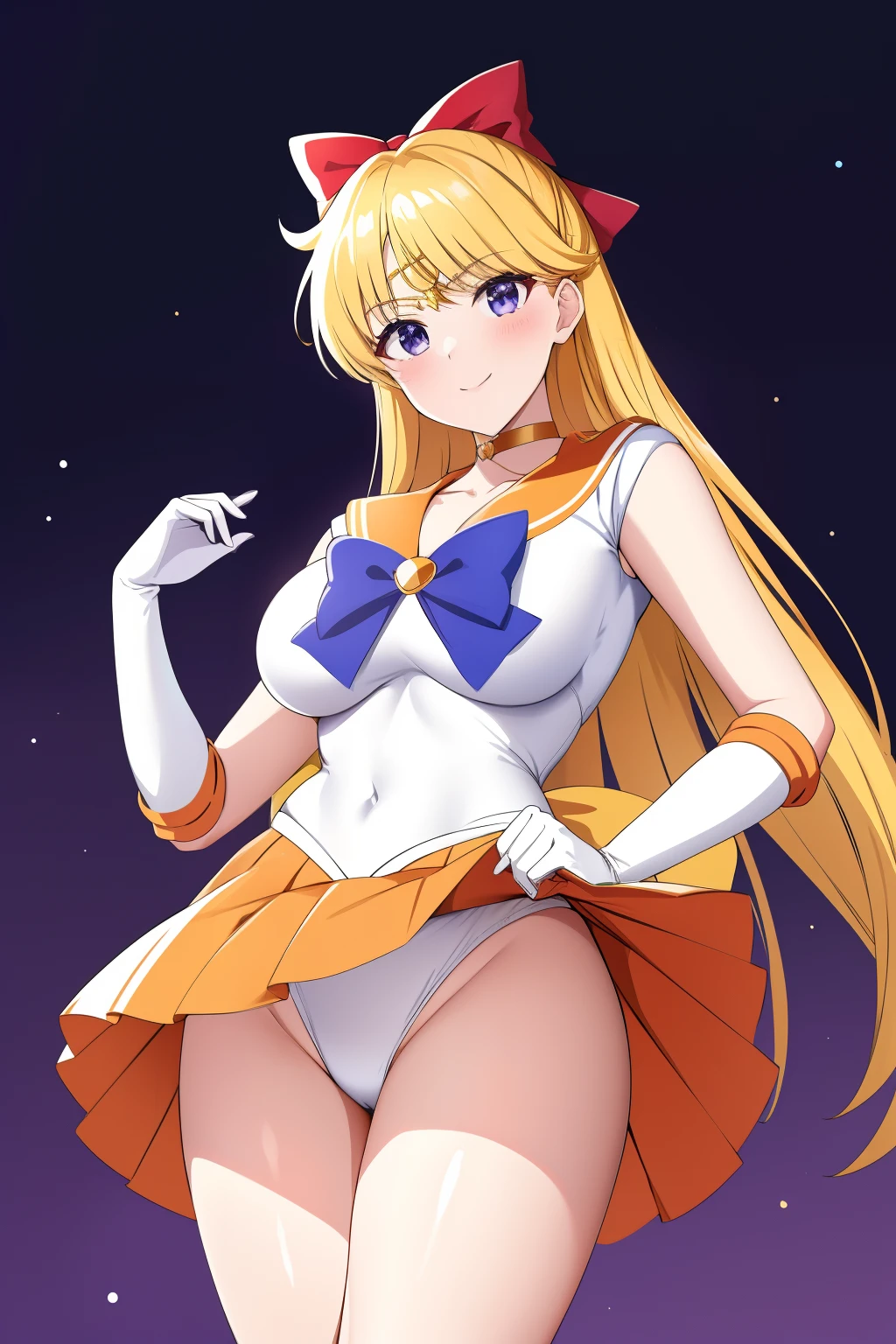 Sailor Senshi Uniform, Anime Aunt, A MILF, skirt, aino minako, solo, bow, white glove, sailorvenus, Blonde woman with very long hair, elbowgloves, Red ribbon on head, Orange sailor collar, Golden sailor collar, back_bow, Orange choker, Golden Choker, jewelry, Blue-eyed woman, Orange skirt, Golden skirt, magical girl, 耳Nipple Ring, circlet, skirt rift, smile, rating:safe, leotard, pleatedskirt, lifted_by_self, Half Up Hair, Bare shoulders, bare legs, cowboy_shot, collarbone, shiny, looking_at_viewer, panties on, Purple ribbon on chest, Woman standing, shiny_hair, bangs, eyebrows_visible_through_hair, hair_bow, closed_mouth, highleg, shiny_skin, heart, White leotard, robe blanche, huge tit, Leotila,