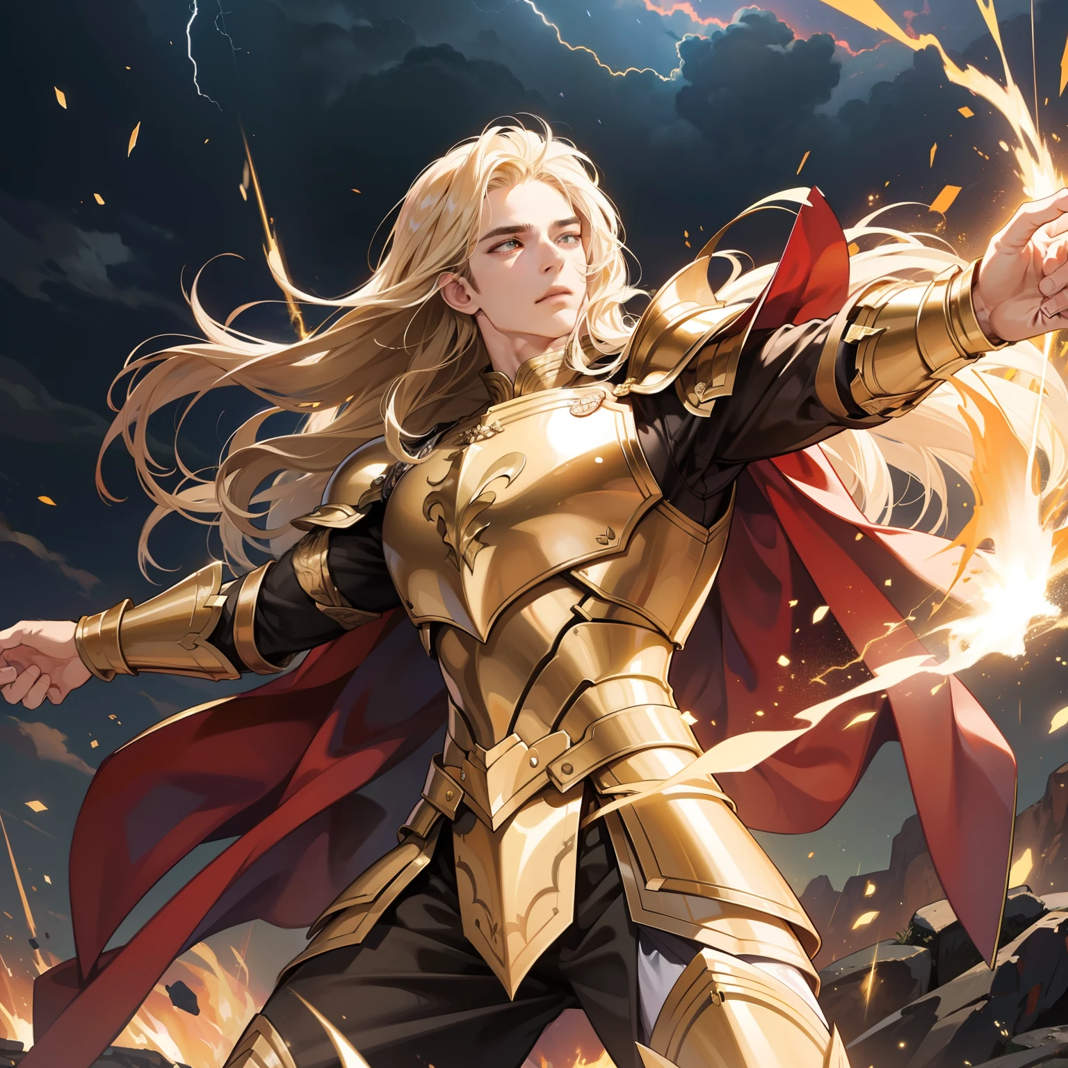 Masterpiece, high quality, best quality, HD, realistic, perfect lighting, detailed body, 1 man, long hair, facial expression, gold dragon armor, lightning background