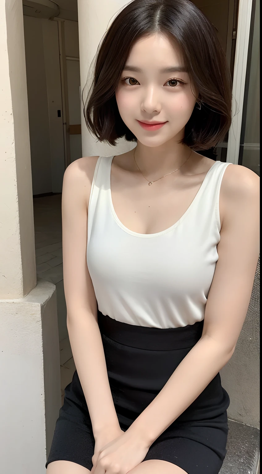 masterpiece, 1 beautiful girl, detailed eyes, puffy eyes, best quality, ultra high definition, (reality: 1.4), original photo, 1girl, cinematic lighting, Japan, asian beauty, korean, super beautiful, beautiful skin, slender, body facing front, (ultra-realistic), (high resolution), (8K), (very detailed), (best illustration), (beautifully detailed eyes), (ultra detailed) , detailed face, looking at the viewer, facing straight ahead, neat clothes, sleeveless, short hair, black hair, 46 points diagonal bangs, room based on white background tone, neat atmosphere,