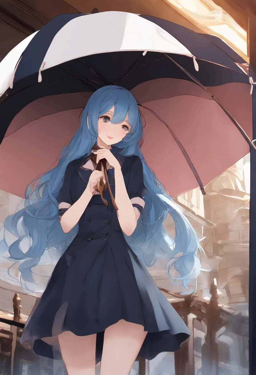femele、Blue-haired、Twin-tailed、Fantastic、High school students、Active、Holding a cute umbrella、Caring about the clock in your right hand