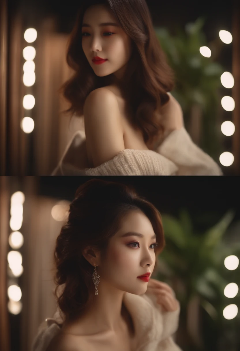 best quality ,masterpiece,ultra high res,(photo realistic:1.4), 1 girl, looking at viewer, Wearing oversized off-shoulder knit over lingerie, korean famous actress, very beautiful,kawaii, Cinematic, 35mm lens, f/ 1. 8, accent lighting, 8k, at luxury hotel