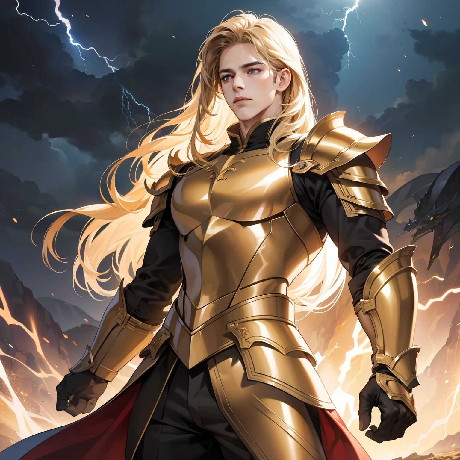 Masterpiece, high quality, best quality, HD, realistic, perfect lighting, detailed body, 1 man, long hair, facial expression, gold dragon armor, lightning background