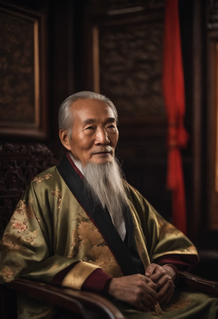 A old man,Plain wear a Chinese coat,The frontal one sits on a chair,In the study,The background is a traditional Chinese painting,Slight smile,kind,Close-up shot,Face the mirror,