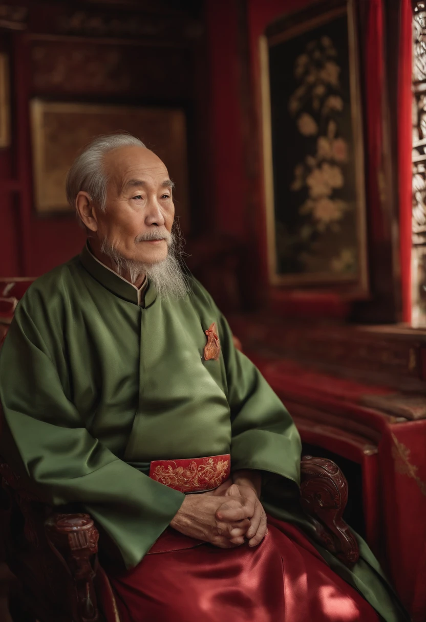 A old man,Plain wear a Chinese coat,The frontal one sits on a chair,In the study,The background is a traditional Chinese painting,Slight smile,kind,Close-up shot,Face the mirror,