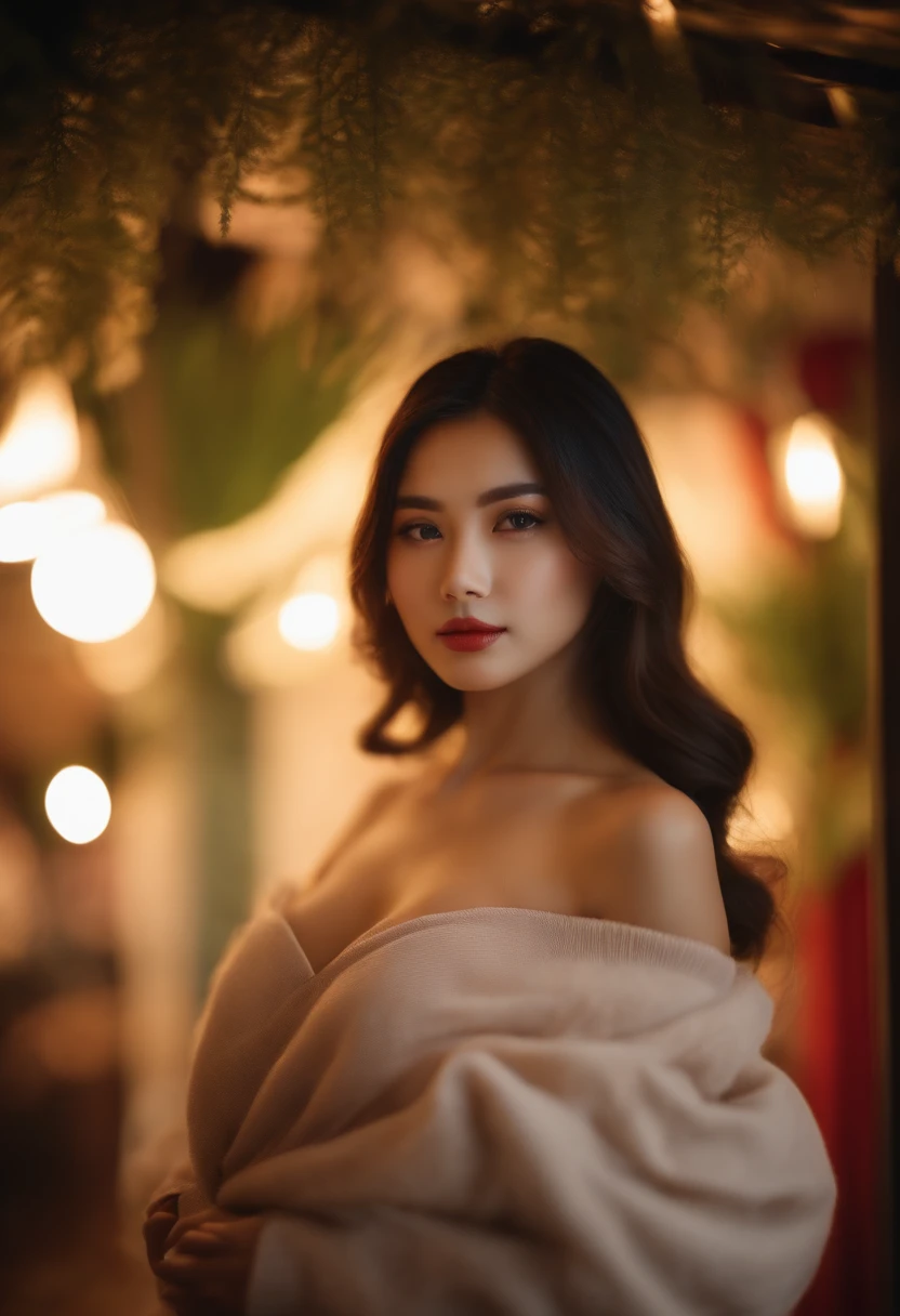 best quality ,masterpiece,ultra high res,(photo realistic:1.4), 1 girl, looking at viewer, Wearing oversized off-shoulder knit over lingerie, thai famous actress, very beautiful,kawaii, Cinematic, 35mm lens, f/ 1. 8, accent lighting, 8k, at luxury hotel