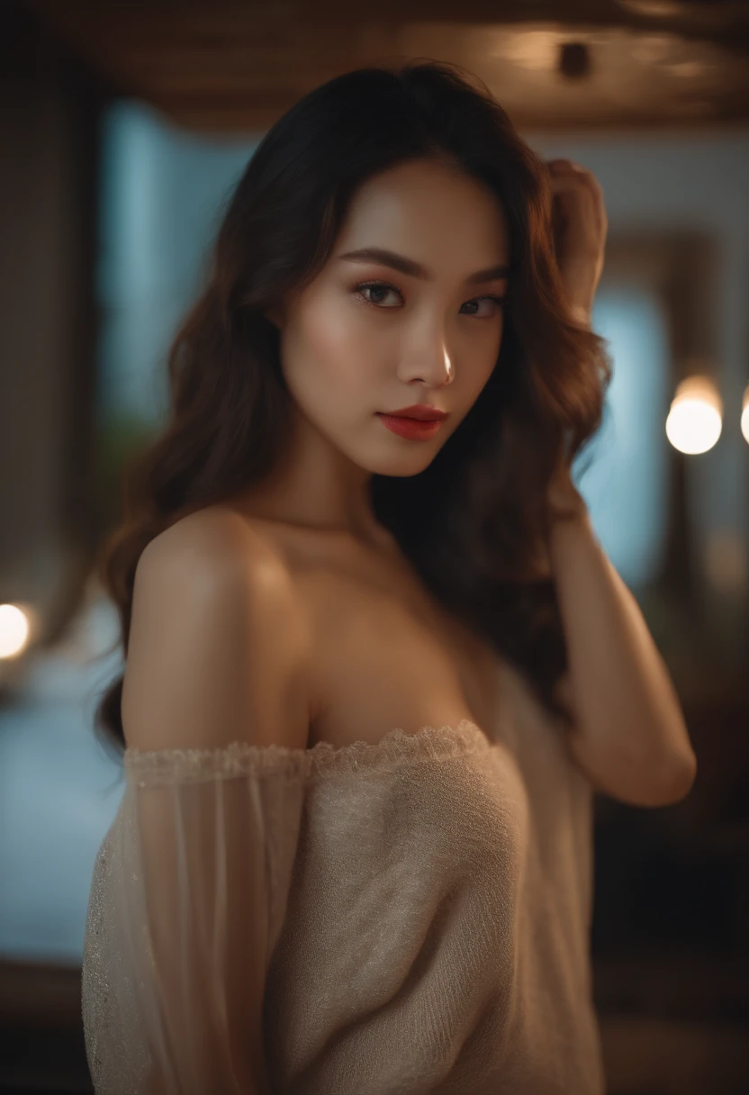 best quality ,masterpiece,ultra high res,(photo realistic:1.4), 1 girl, looking at viewer, Wearing oversized off-shoulder knit over lingerie, thai famous actress, very beautiful,kawaii, Cinematic, 35mm lens, f/ 1. 8, accent lighting, 8k, at luxury hotel