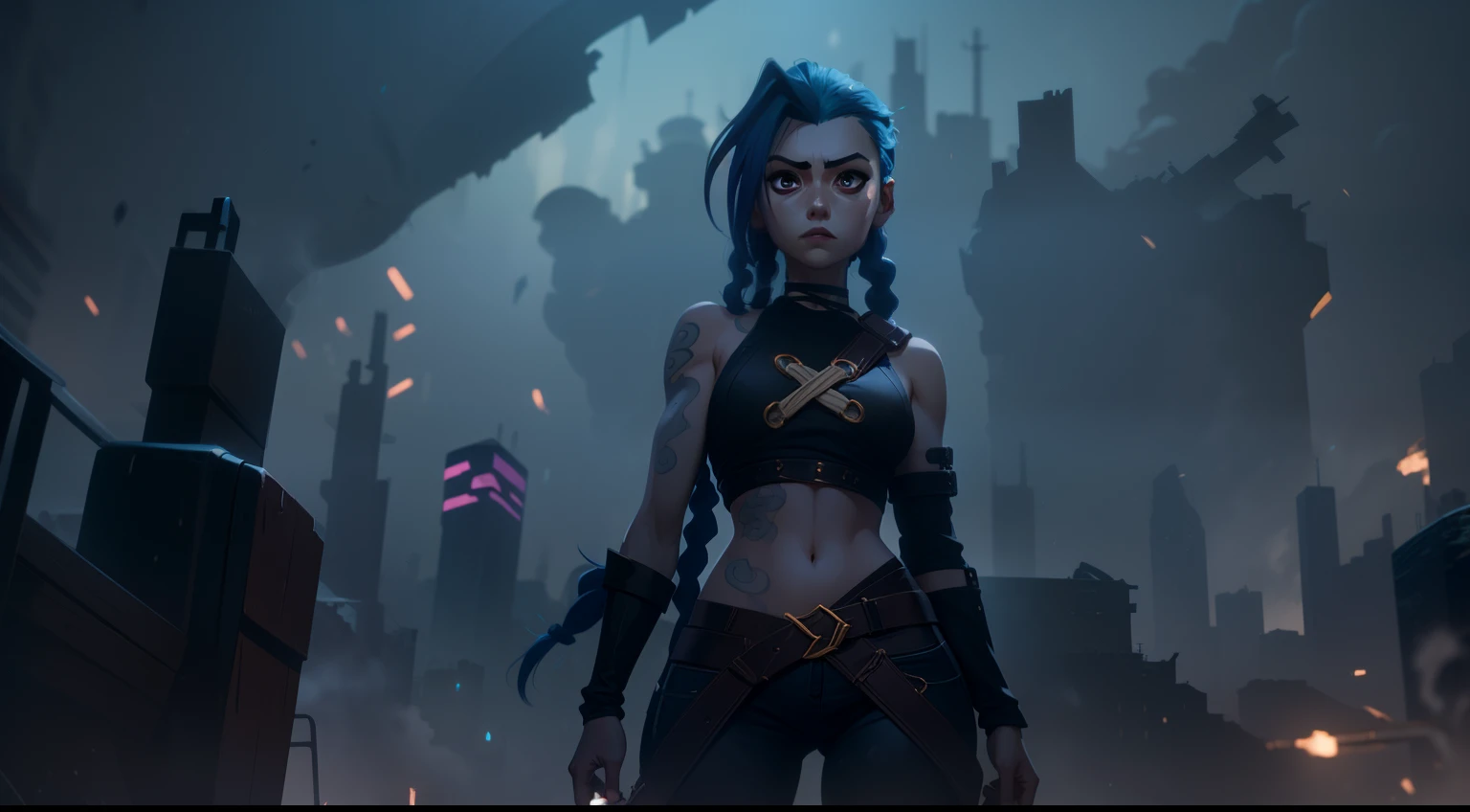 Overhead view, The camera looks at Jinx from above, Like in a computer game, Jinx's character design, Dynamic movements, Standing Half-Sideways, stands on the edge of the roof, Fantasy City, City of Piltover, the night, explosions, fire, Smoke, sparks, Purple Flashes, sexypose, Beautiful figure, Arcane's Jinx, Bright blue and purple sparks all around, glowing eyes, Pink glowing eyes, hairlong, hairsh, braided into long braids, Pigtails hang below the knee, Hair color changes from bright blue to navy blue, Dressed in brown breeches, Leather boots on the feet, Top with four gold circles on the chest in the middle of the chest, Blue cloud tattoos on shoulders and waist, Long bangs, hanging on the right side, Belt with cartridges on the belt, Arcane style, extremely detailed CG unity 8k wallpaper, detailed light, Cinematic lighting, chromatic aberration, glittering, expressionless, epic composition, dark in the background, Cherecter Desing, Very detailed, Detailed body, Vibrants, Detailed Face, sharp-focus, anime art, Vibrants, Detailed Face, Hugh Details, sharp-focus, Very drooping face, A detailed eye, super fine illustration, better shadow, finely detail, Beautiful detailed glow, Beautiful detailed, Extremely detailed, expressionless, epic composition,