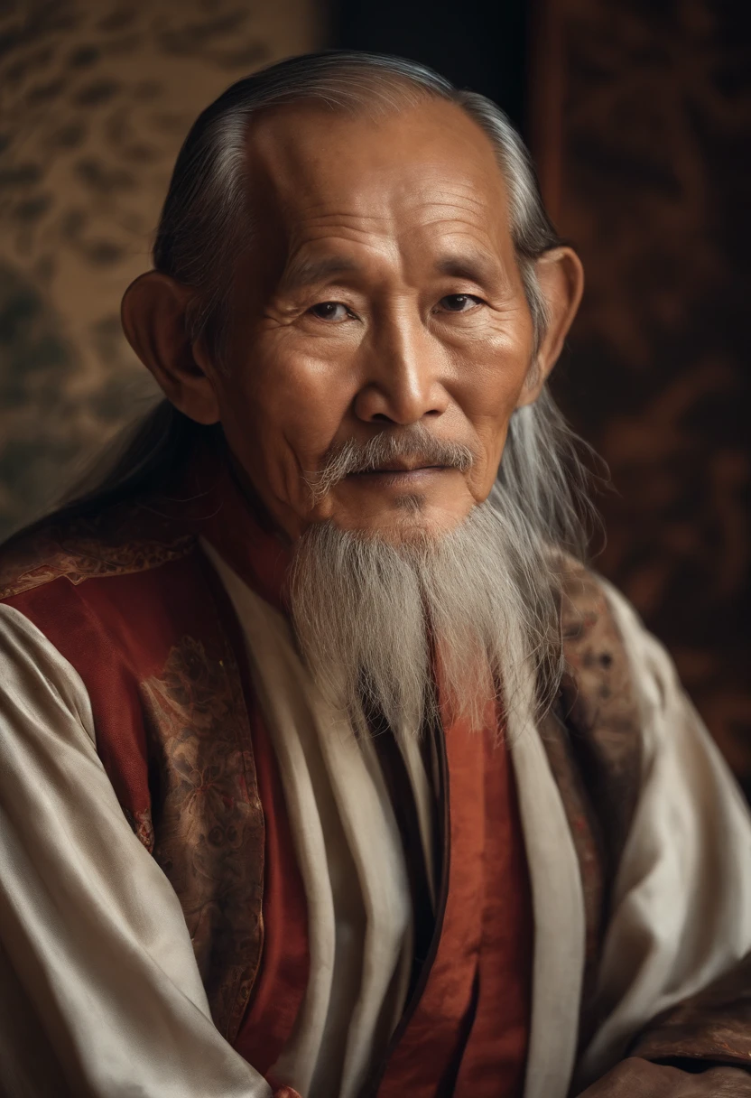A old man,Plainly dressed,The frontal one sits on a chair,In the study,The background is a traditional Chinese painting,Slight smile,kind,Close-up shot,Face the mirror,