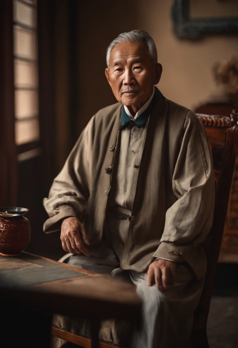 A old man，Plainly dressed，The frontal one sits on a chair，In the study，The background is a traditional Chinese painting，Slight smile，kind，Close-up shot，Face the mirror，