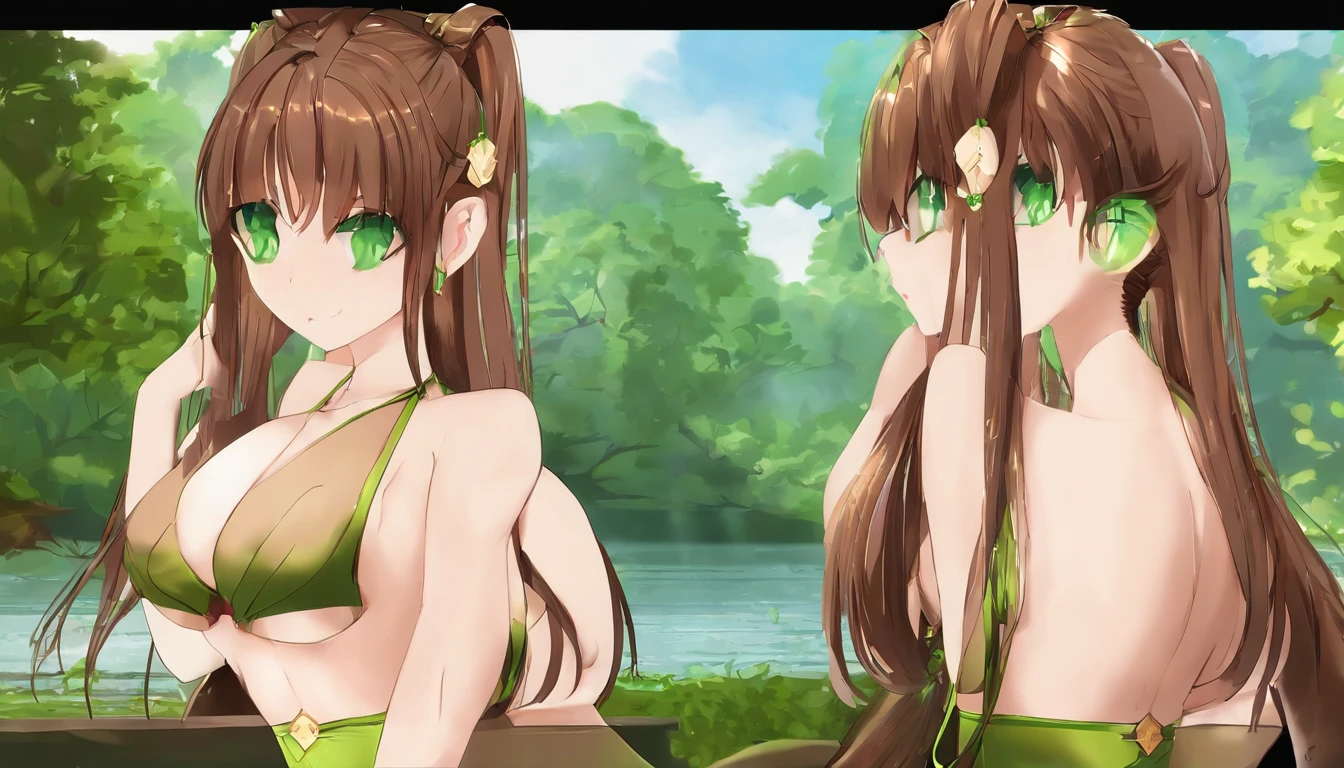 NSFW, ddlcmonika, blunt bangs, brown hair, (green eyes:1.5), long hair, ponytail, sidelocks, thong bikini, no panties