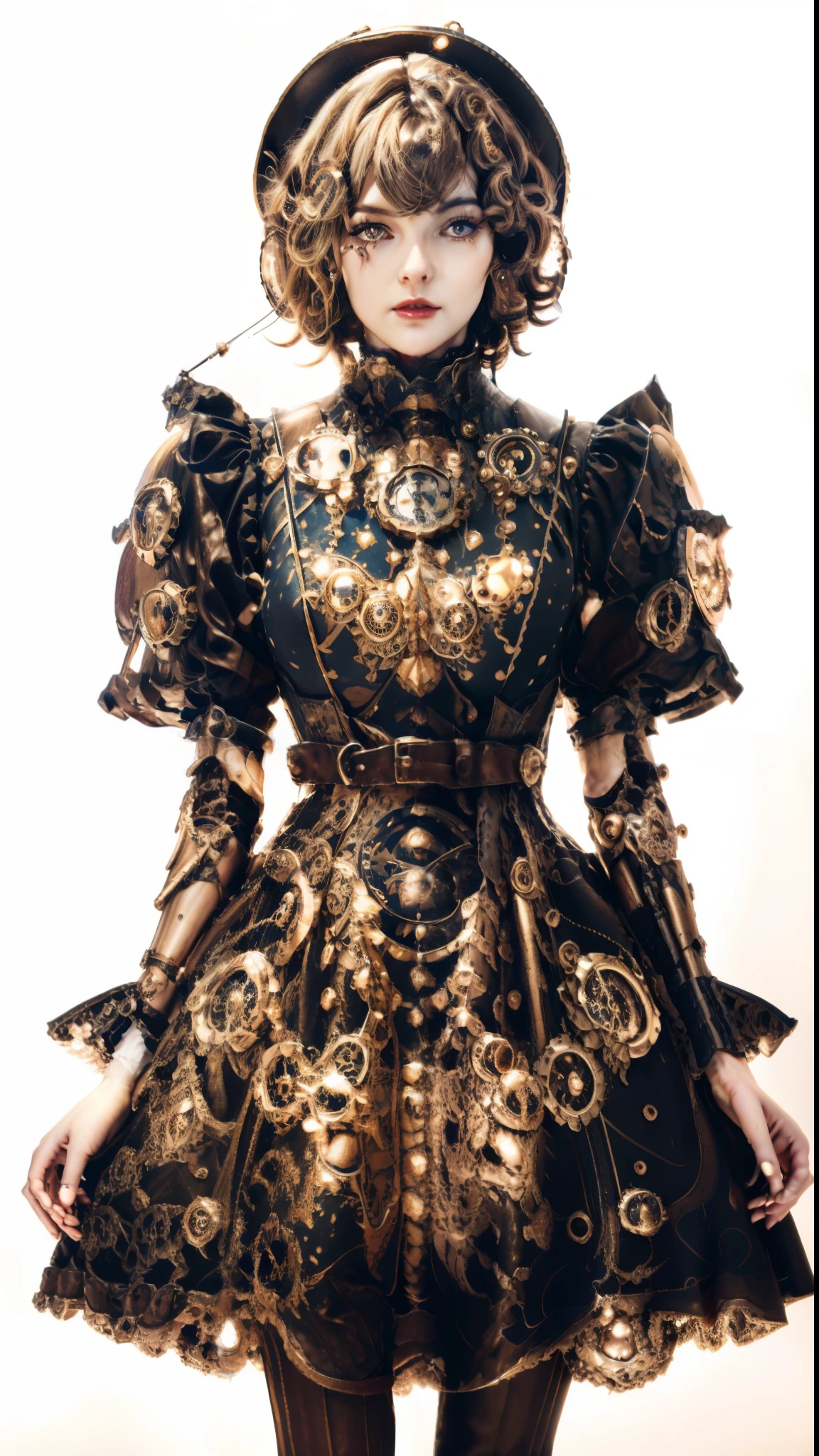 a close up of a woman wearing a dress with a clock on it, in detailed steampunk dress, steampunk beautiful anime woman, steampunk fantasy style, wearing steampunk attire, intricate victorian dress, steampunk design, 3d rendered steampunk, a steampunk beautiful goddess, steampunk clothes, ornate cyberpunk armor, steampunk aesthetic, steampunk fantasy, intricate fantasy dress, steampunk cyberpunk