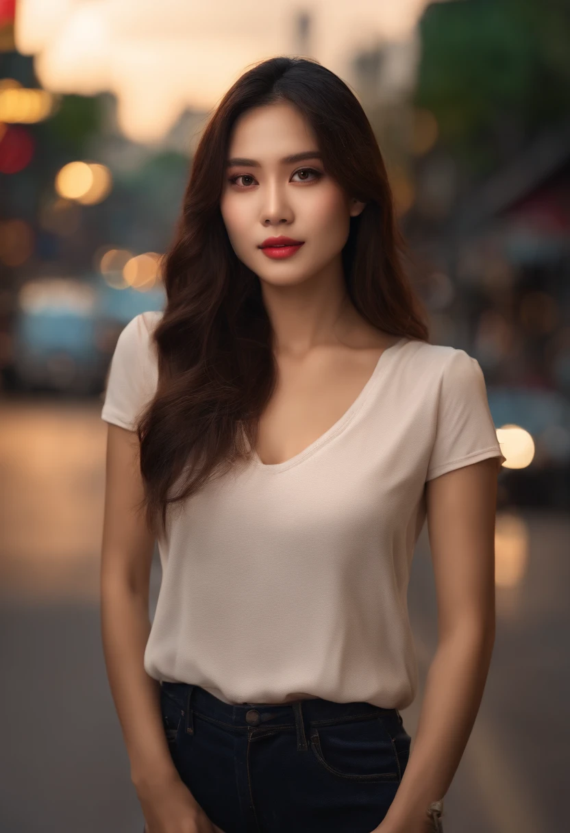 (Best quality, High resolution, Masterpiece :1.3), A pretty woman, Slender figure, Dark brown hair, T-shirt, (Street in city at night), Highly detailed face and skin texture, Detailed eyes, Double eyelid , thai girl
