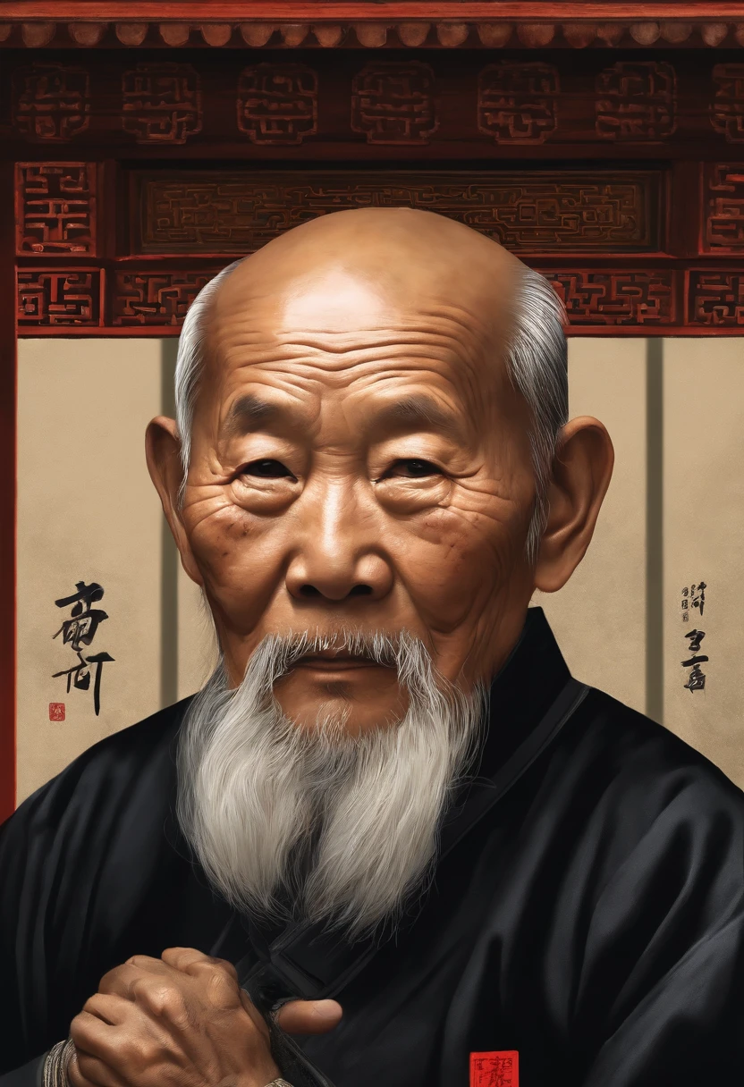 Chinese old man，Worn in black，The frontal one sits on a chair，In the study，The background is a traditional Chinese painting，Slight smile，kind，Close-up shot，Face the mirror，