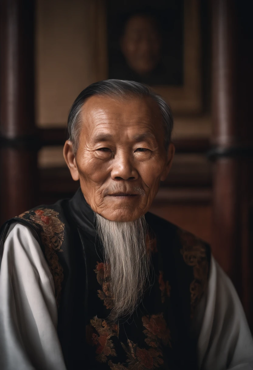 Chinese old man，Worn in black，The frontal one sits on a chair，In the study，The background is a traditional Chinese painting，Slight smile，kind，Close-up shot，Face the mirror，