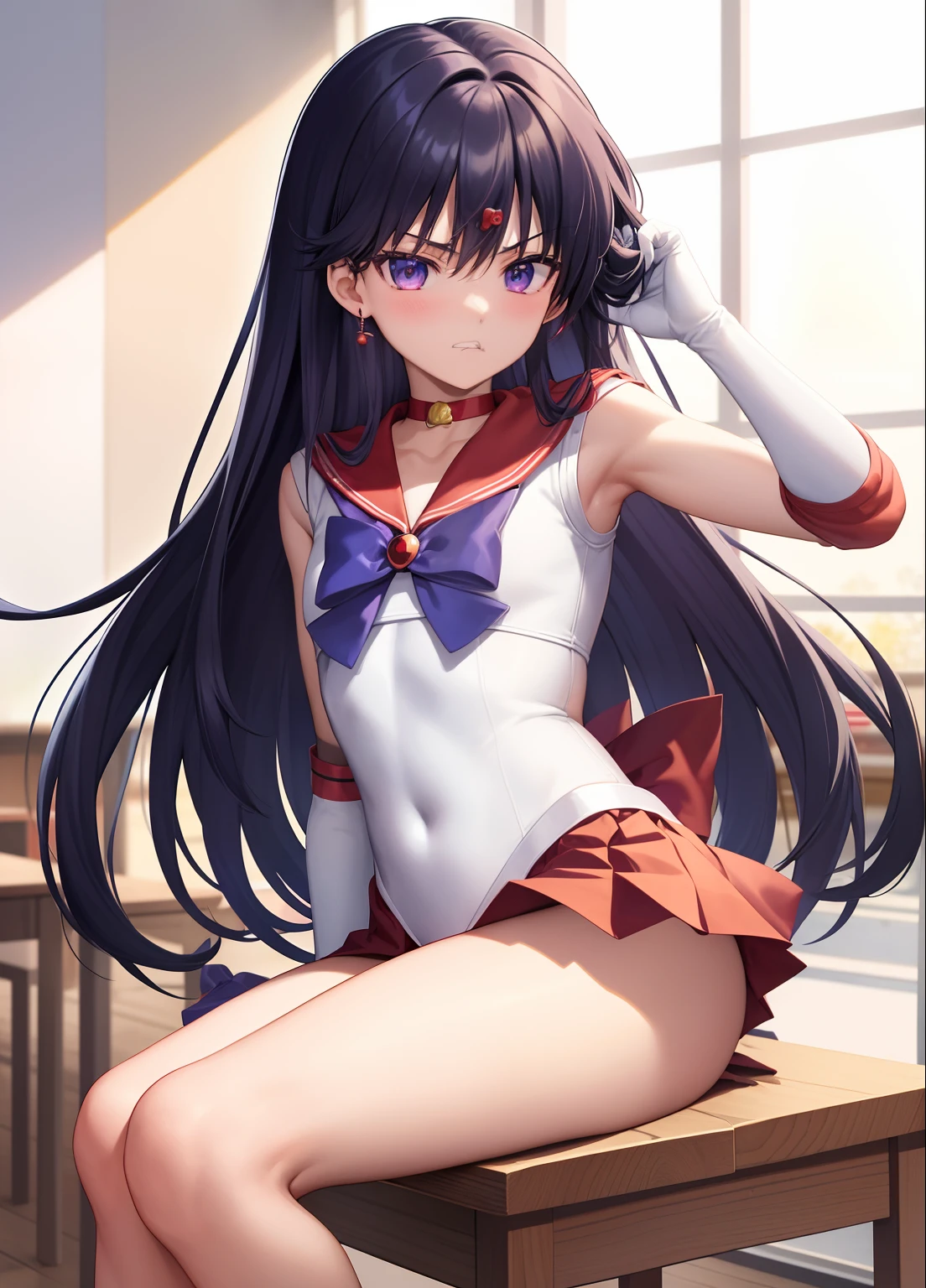 Anime Boy、Cool Junior High School Boy、Have a subtle facial expression、Sailor Senshi Uniform、Sailor Mars、gender change、gender change(Girls to boys)、Red sailor collar、Rei Hino、solo、耳Nipple Ring、jewelry、Boy with very long black hair、White leotard、highleg leotard、robe blanche、white glove、elbowgloves、Boy sitting on chair、indoors、castle、a red choker、Blue ribbon on chest、Magical Boy、blush、a red skirt、skirt、Boy with Purple Eyes、Bare shoulders、bare legs、circlet、bow、back_bow、pleatedskirt、a miniskirt、rating:questionable、