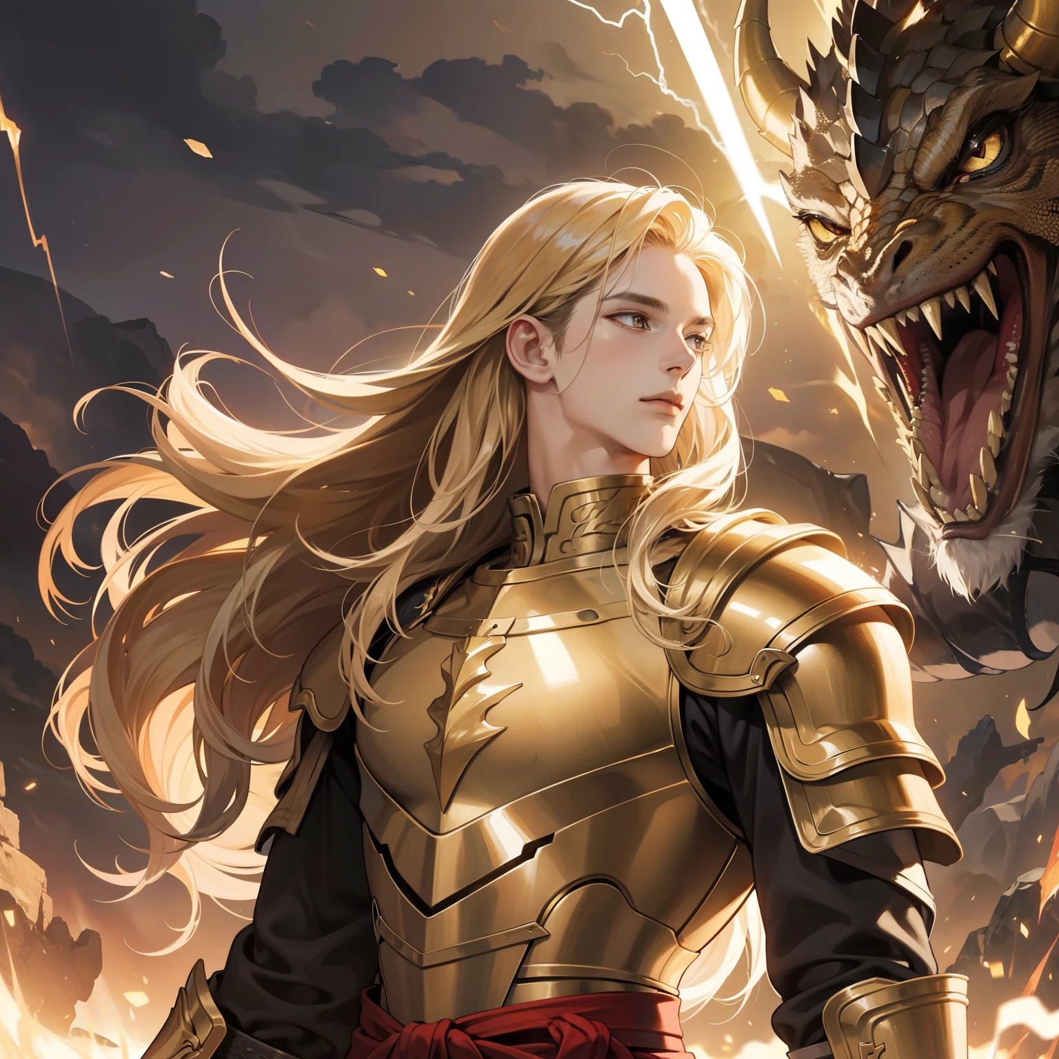 Masterpiece, high quality, best quality, HD, realistic, perfect lighting, detailed body, 1 man, gold, long hair, facial expression, dragon armor, lightning background