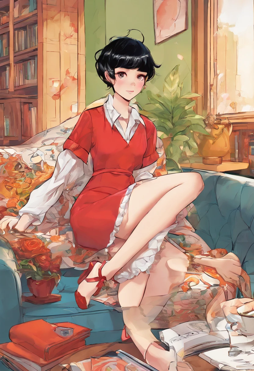 schoolboy,with short black hair,Two legs stretched out,on a sofa,Be red in the face,shy,floor to ceiling window,Wear maid outfits,Expose your private parts,Beth