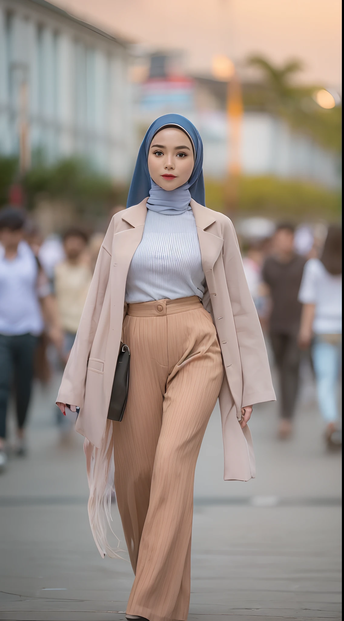 Malay girl in hijab and wear Half Button Rib Knit Tee with pastel color jacket and High Waist Plicated Detail Suit Pants, walking in city street, catwalk, confident walk, windy, elegance, front view, detail skin, detail skin texture, beautiful malay face, pastel color outfit, small breast, wide hip, wide waist, thick thighs, slim abs, beautiful body, evening, sunset, sun light enhance dramatic mood, arrogant smile, professional cinematic  lighting, blur background, bokeh, realistic, ultra detail, high quality, 8k