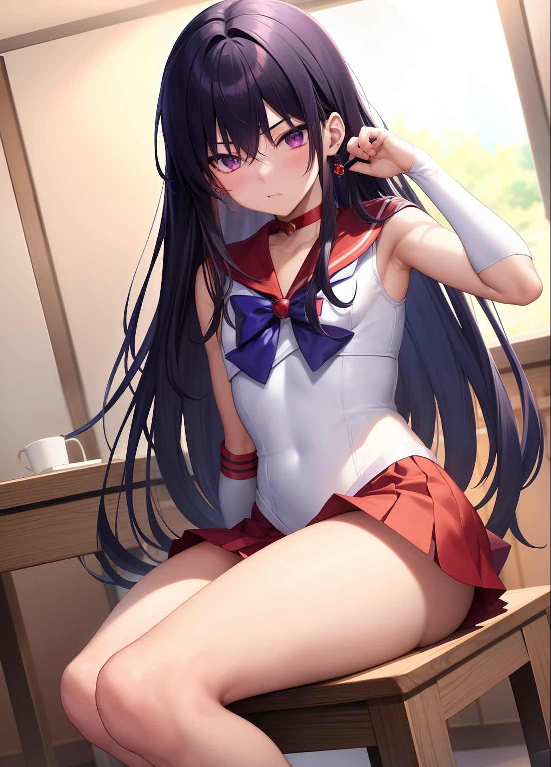 Anime Boy、Cool Junior High School Boy、Have a subtle facial expression、Sailor Senshi Uniform、Sailor Mars、gender change、gender change(Girls to boys)、Red sailor collar、Rei Hino、solo、耳Nipple Ring、jewelry、Boy with very long black hair、White leotard、highleg leotard、robe blanche、white glove、elbowgloves、Boy sitting on chair、indoors、castle、a red choker、Blue ribbon on chest、Magical Boy、blush、a red skirt、skirt、Boy with Purple Eyes、Bare shoulders、bare legs、circlet、bow、back_bow、pleatedskirt、a miniskirt、rating:questionable、