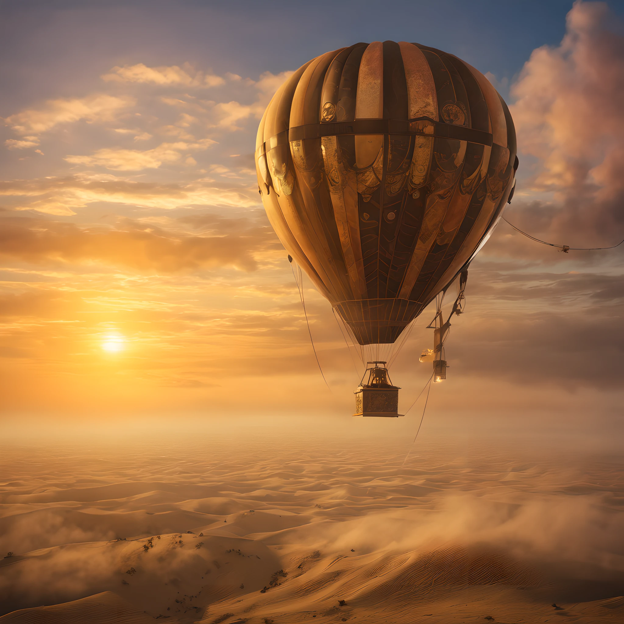 hot air ballonn:1.5, steampunk, in the sky, sunset, steam, fog, smog, sand, wind,