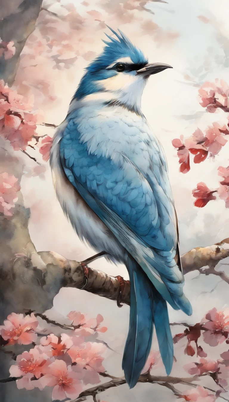 birds, japan manga style, sketching, Watercolor color.