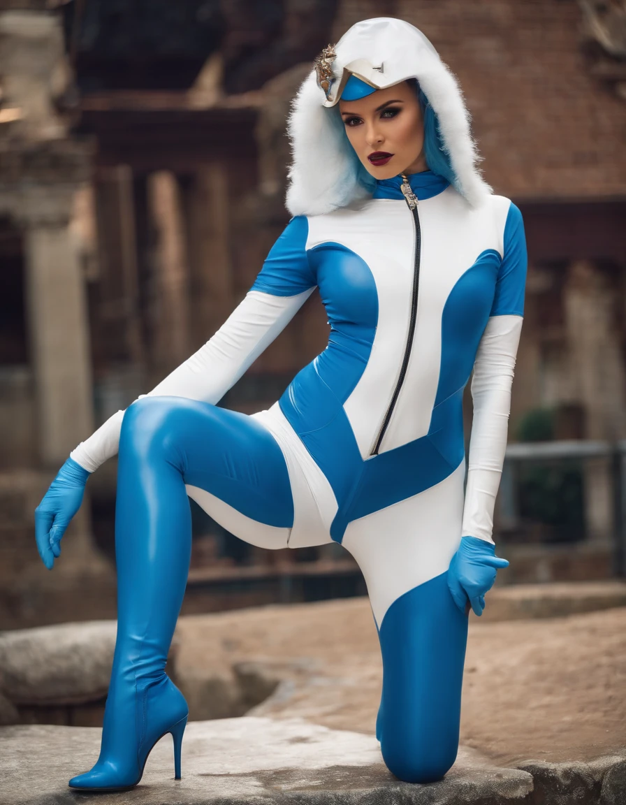 ((eula)),blue Latex suit,blue rubber suit,blue latex sleeves,blue latex trousers,blue leggings, white gloves,white tights boots,blue rubber boots,blue hood,blue mask, blue hair, blue eyes, thick thights, standing, from below, wide hips, hip focus, medium breasts, rain, white collar,