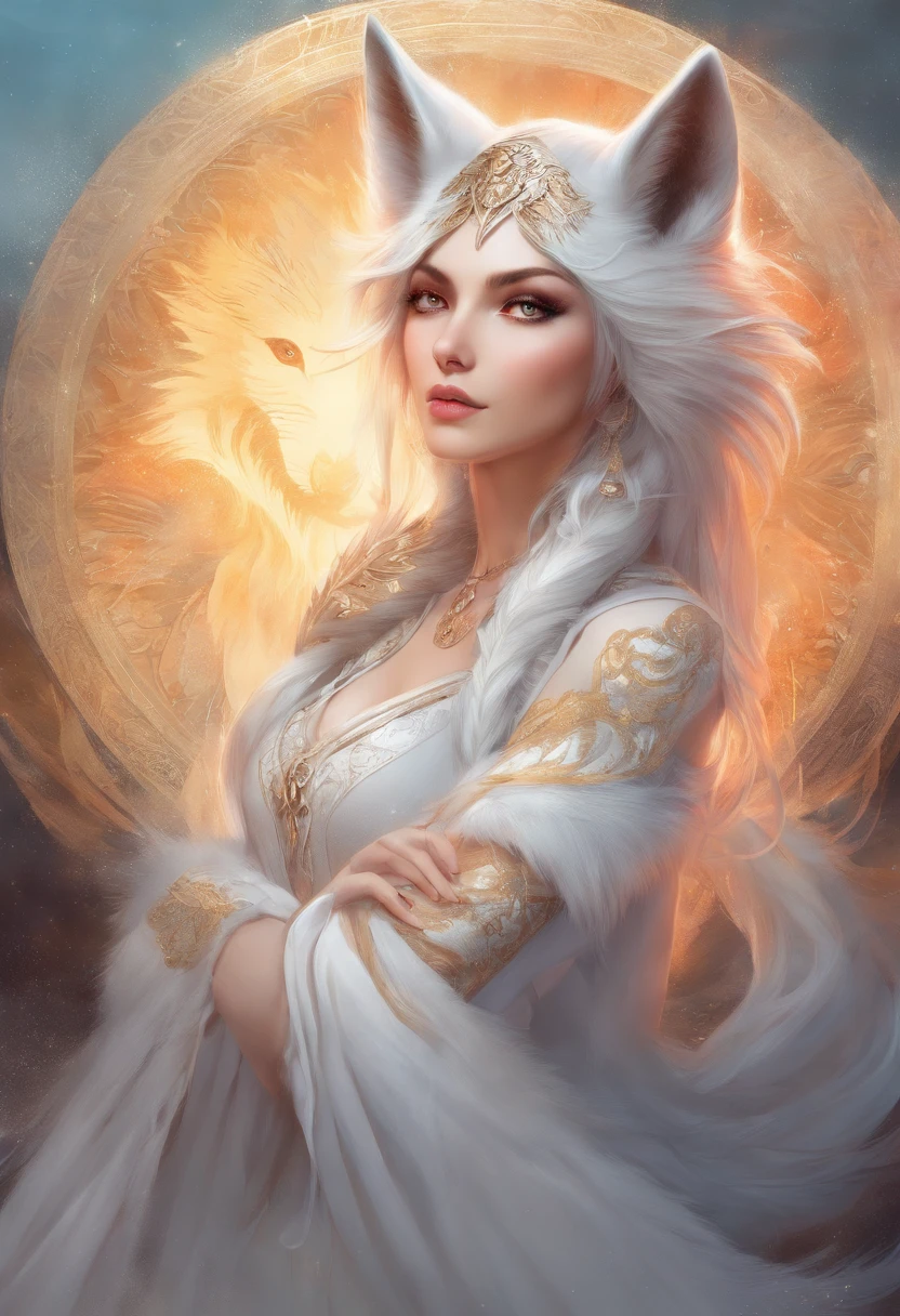 (​masterpiece、top-quality、top-quality、Official art、Beautifully Aesthetic:1.2)、(1girl in)、Highly detailed、(Fractal Art:1.3)、colourfull、highest details, (Nine-Tailed Fox:1.2), 9 White, Black fox ears, Foxes inspired by Japan's divinity, Transparent clothes of fantastic celestial warriors, Elaborately embellished with gold, Fantasy Japan Background, Soft smile, ultra-sexy, Big breasts, anatomically, Fine wraist with large defined hips, Soft expression, A smile, Silver hair, Wave, Facing the front, Hair is spreading