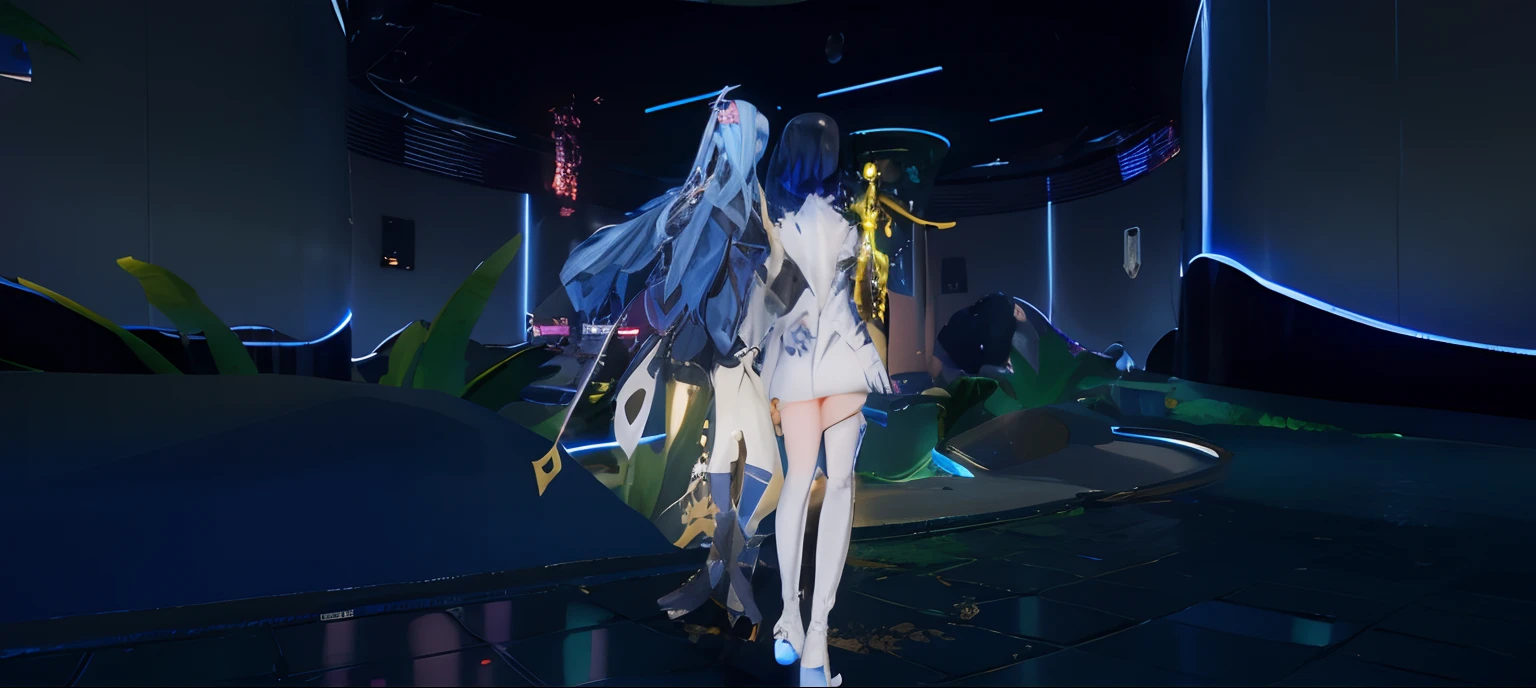 anime - style image of a woman in a futuristic setting, from the azur lane videogame, azur lane style, vrchat, medium shot of two characters, video game screenshot>, pc screenshot, oppai cyberpunk, with blue skin, 8 k character details, gynoid body, <mmorpgs scene, fashion gameplay screenshot, focus on two androids