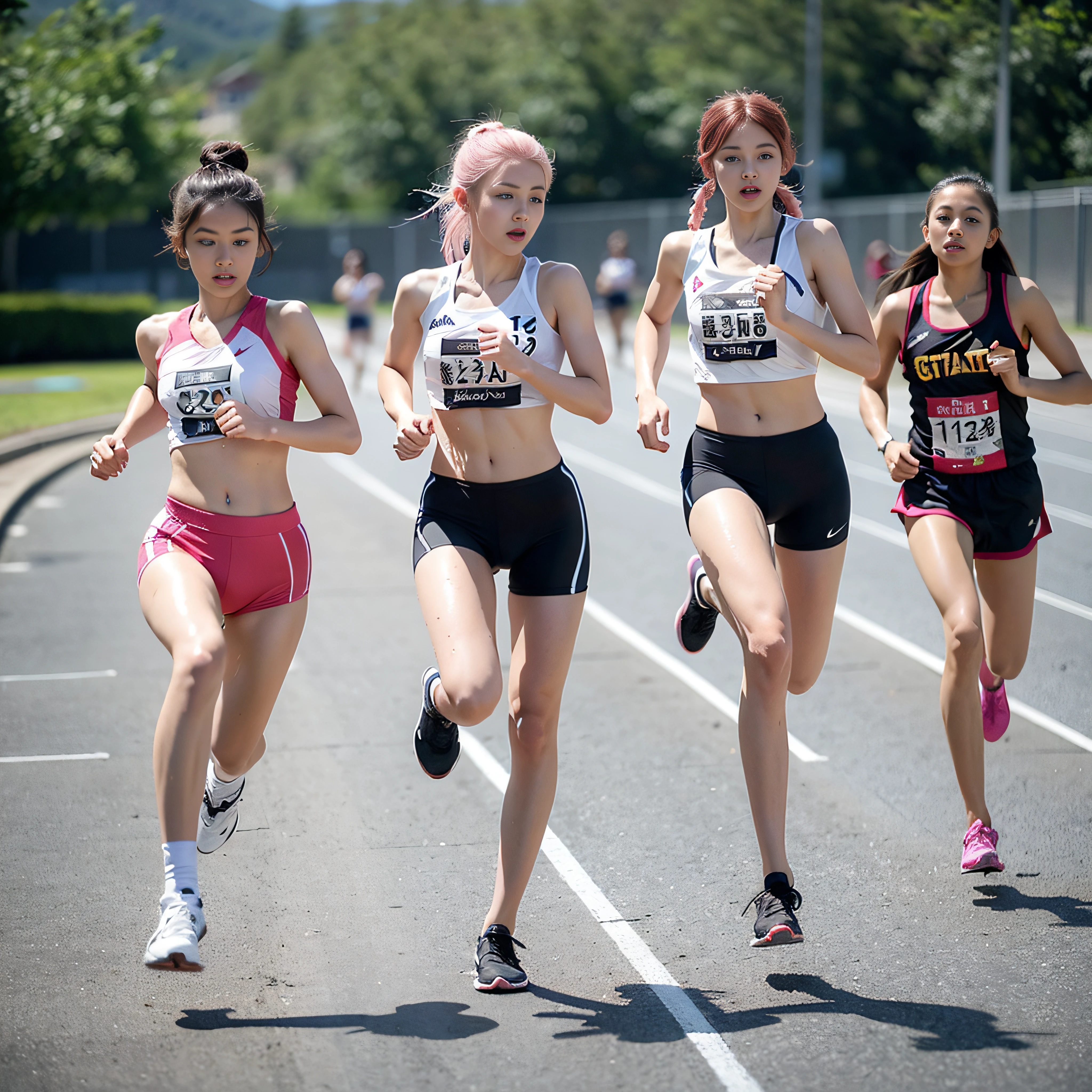 masutepiece, Best Quality, Ultra-detailed, Illustration, extremely delicate and beautiful,High resolution, Ultra-detailed,,Perfect face,Slender Perfect Body, Tight belly,Toned buttocks,Constricted waist,,(Three girls running:1.7), ,(1 girl with pink hair,One girl with gray hair,1 girl with brown hair), (Very short hair from 1 girl,One girl with long braided hair,1 From Girl to Okappa Hair),(Hachimaki), Shy daughter, Short stature, small tits,(Flåm Athletics Stadium), (Fashionable track and field athletes),(Bike Shorts), small tits, (Wet:1.2), track and field,Stadium,((Very Wide Shot )),(Cameltoe),( Visible through clothes:1.2)