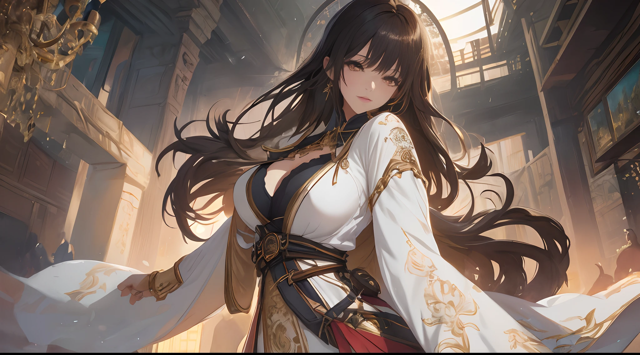 CGSetsoty Trends、Fantasyart、beautiful character painting、guweiz、Luxurious decoration、Luxurious interior、ue、antique、flowing white robes、Full body Wuxia、epic exquisite character art、Stunning character art、beautiful female assassin、(((beautiful and very large udder、Chest about to burst)))