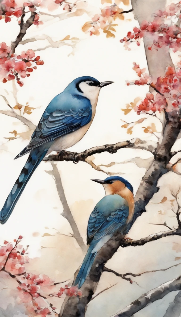 Birds, japan manga style, sketching, Watercolor color.