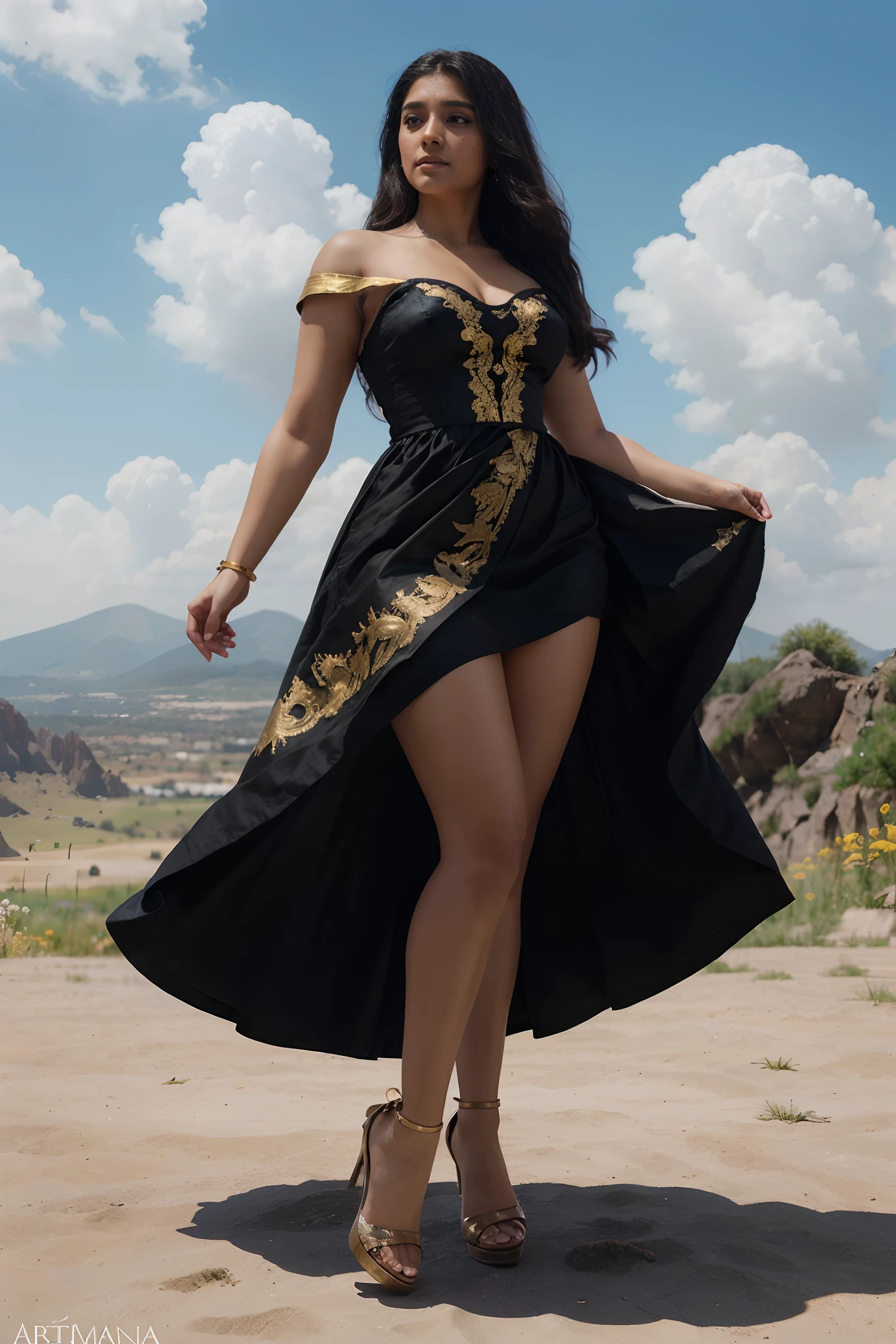 Latina woman, niveda thomas, long dark hair, scenic, highly detailed, shear black dress with golden accents, high heels, dancing, looking down and right, blue skies white puffy clouds, digital painting, low camera angle, artstation, concept art, smooth, sharp focus, illustration, art by artgerm and greg rutkowski and alphonse mucha,
