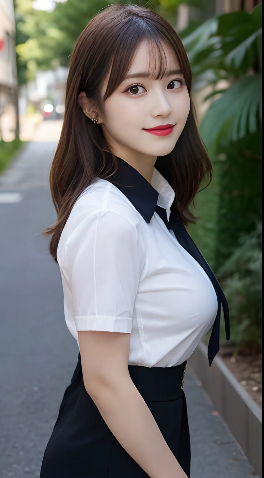 masutepiece, Best Quality, Illustration, Ultra-detailed, finely detail, hight resolution, 8K Wallpaper, Perfect dynamic composition, Beautiful detailed eyes, Medium Hair,Great breasts under the shirt:2.0、Natural Color Lip, Bold sexy poses,Smile,20 years girl、Cute、Sexy shot looking at camera、Button shirt with wet collar、pencil skirts、Shot from the knee up、neck tie、full body seen、Being in the company、houseplant、Black walls、((Colossal tits、Backshots、sideshot))、From the knee up