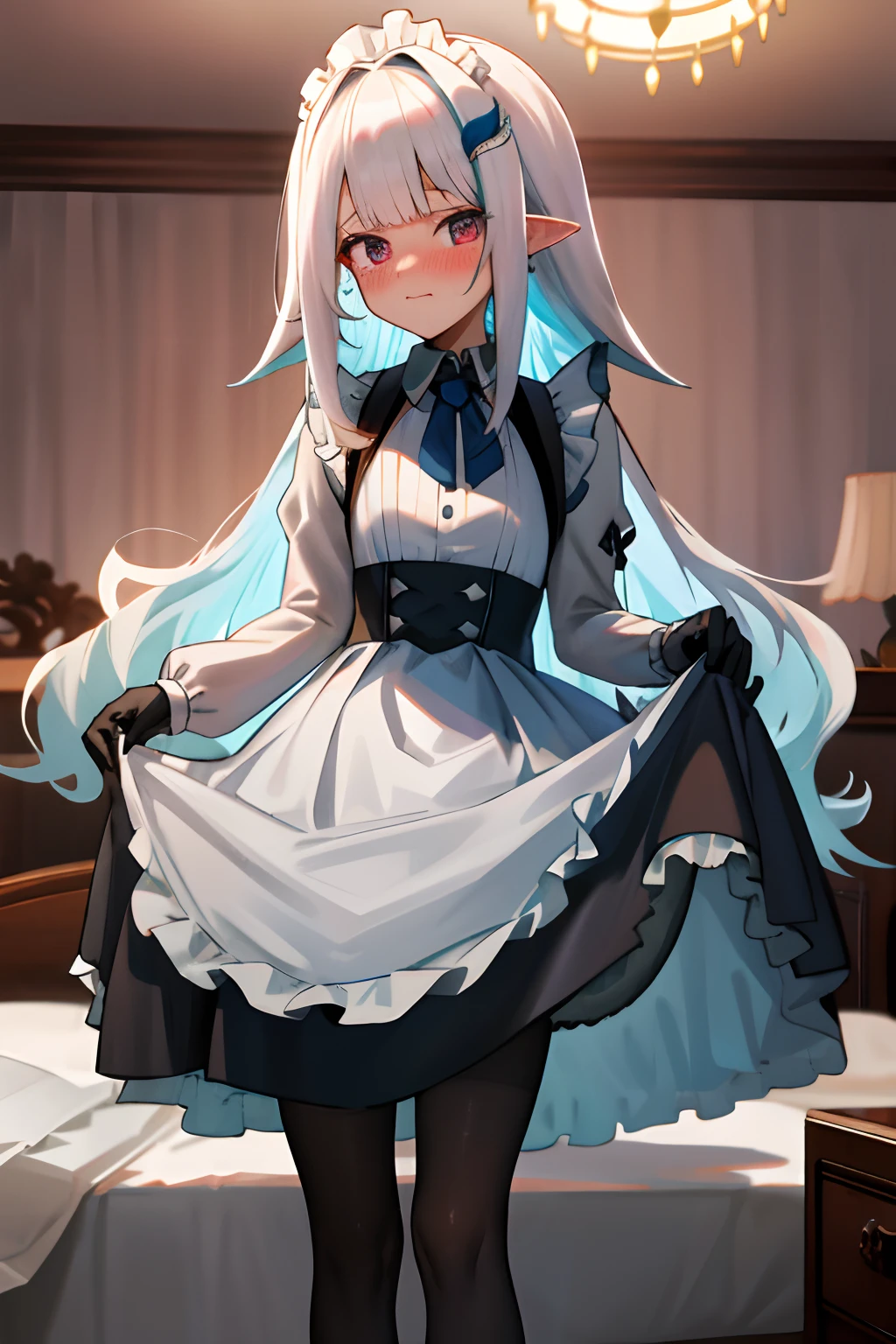 One girl with long wavy hair, white hair, looking at viewer, embarrassed, blushing, tears, indoor , maid dress, black maid dress, maid apron, maid head accessories, puff long sleeves, mini skirt, thigh, pointy ears, perfect waist, bed, night atmosphere, hair ornament, standing, pantyhose, skirt lift, panties, black panties, lace gloves