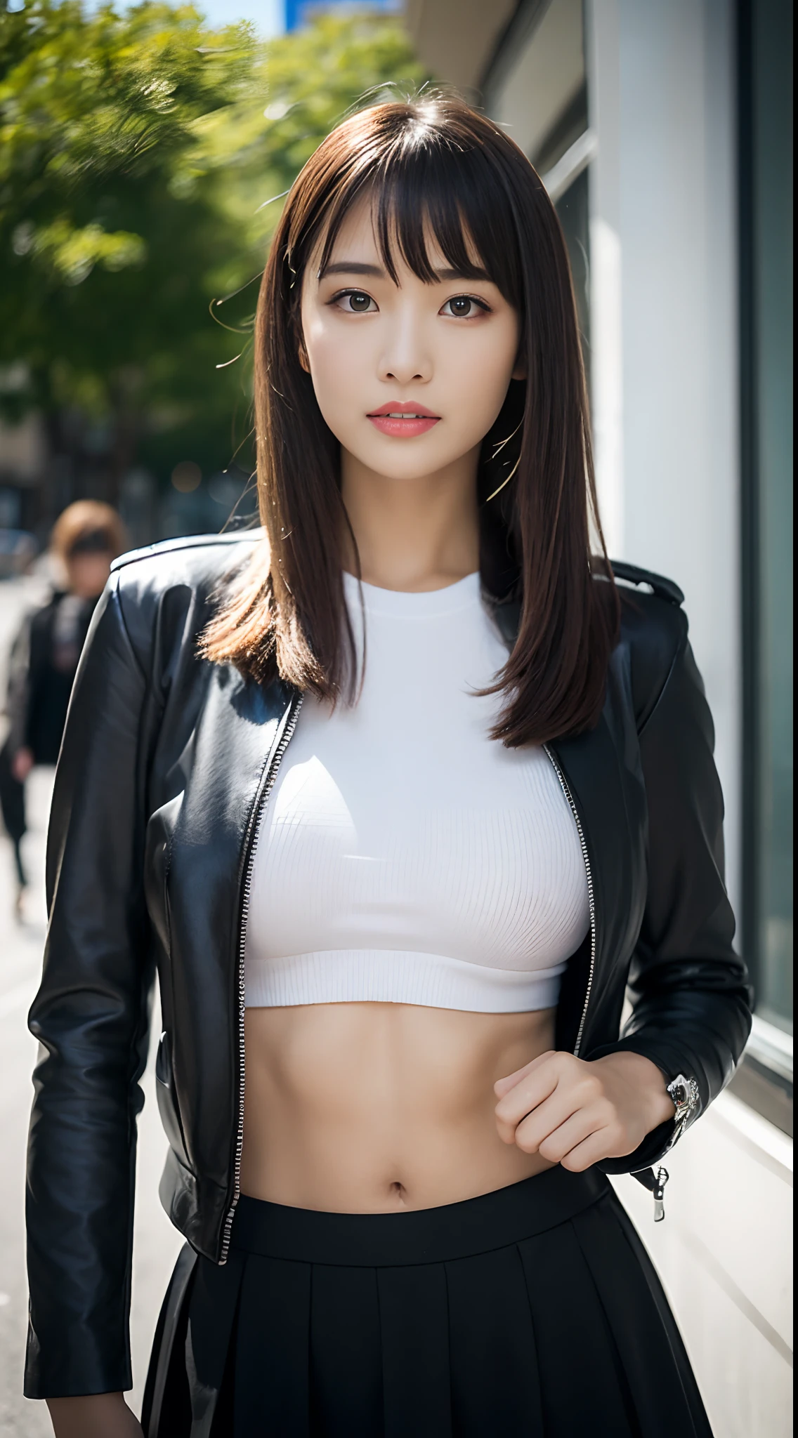 (top-quality、超A high resolution、masterpiece:1.3)、Tall and beautiful woman、longeyelashes, Medium hair with bangs, longeyelashes, Parted lips, surrealism, drop shadow, anaglyph, Verism, depth of fields, Backlighting, Expose F/1.2, Super Detail, ccurate, Best Quality, masutepiece, Detailed moisturized eyes, Textured skin, Best Quality, 8K, blurry backround, ((thin waist with muscular lines,, skinny thigh:1.1, long legged)), ((Colossal tits)), Natural Color Lip, ssmile, Young woman in perfect style, (Leather Fabric Police Uniform), Long Sleeve Leather Bondage Fashion, Inside the big city, There are a lot of cars on the road