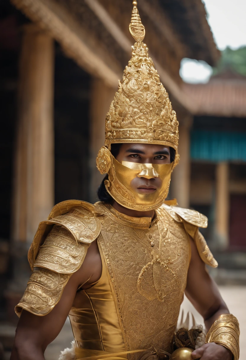 An adult footballer in a costume with a knife and a mask, in style of Thawan Duchanee, Lakhon Khol costume, Khmer costume, intricate white and gold armor, ornate white and gold armor, high-quality theater costume, picture of an adult male footballer, Khmer art, apsaras warrior, man holding a ball, a man wearing a golden mask