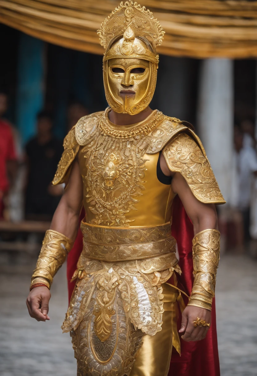 An adult footballer in a costume with a knife and a mask, in style of Thawan Duchanee, Lakhon Khol costume, Khmer costume, intricate white and gold armor, ornate white and gold armor, high-quality theater costume, picture of an adult male footballer, Khmer art, apsaras warrior, man holding a ball, a man wearing a golden mask