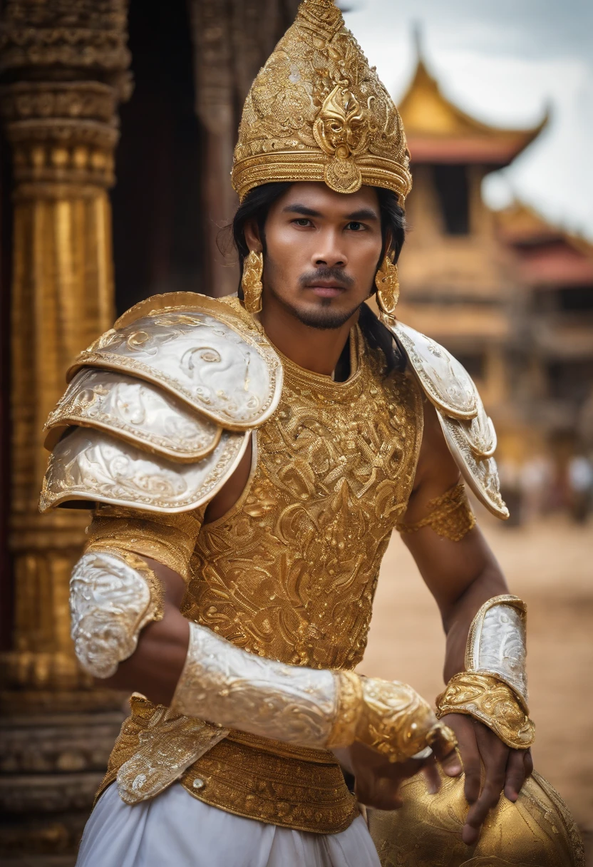 An adult footballer in a costume with a knife and a mask, in style of Thawan Duchanee, Lakhon Khol costume, Khmer costume, intricate white and gold armor, ornate white and gold armor, high-quality theater costume, picture of an adult male footballer, Khmer art, apsaras warrior, man holding a ball, a man wearing a golden mask