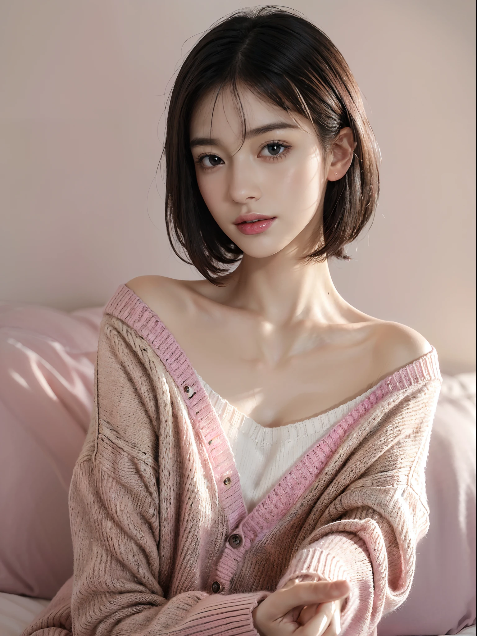 (shoulder-length straight short black hair:1.1),（Extremely meticulous CG 8k wallpaper）,16k,(Extremely refined and beautiful），（Masterpiece），（best qualtiy:2.0），（Ultra High Resolution:1.0),beautiful light up，Perfect lightning,realistic shaded，[A high resolution],(Smooth and flawless fair skin:1.5),(shiny pale skin:1.5),Extremely exquisite facial details，ultra - detailed,A  girl,small head,dawn,dim light,Close Shot,at home,in bedroom,(sitting on bed:1.3),small face,smile,happy,(perfect body:1.1),small breasts，flat chest,slim,(Pink sweater cardigan and white crew neck T-shirt:1.5),(Touch face with palm:1.4),cowboy shot,(Portrait above chest level:1.5)