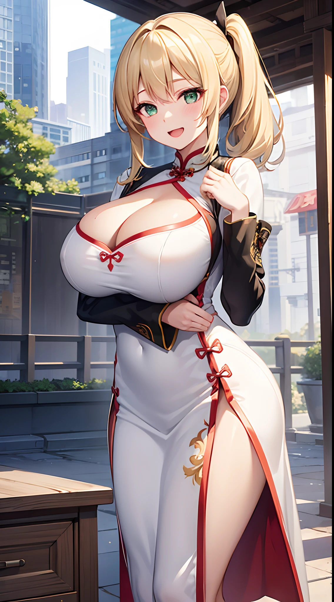 1 girl, game CG, white cheongsam, cleavage visible, short cheongsam, gigantic breasts, blonde, middle hair, side ponytail, green eyes, smile, open mouth, breast hold, outside,