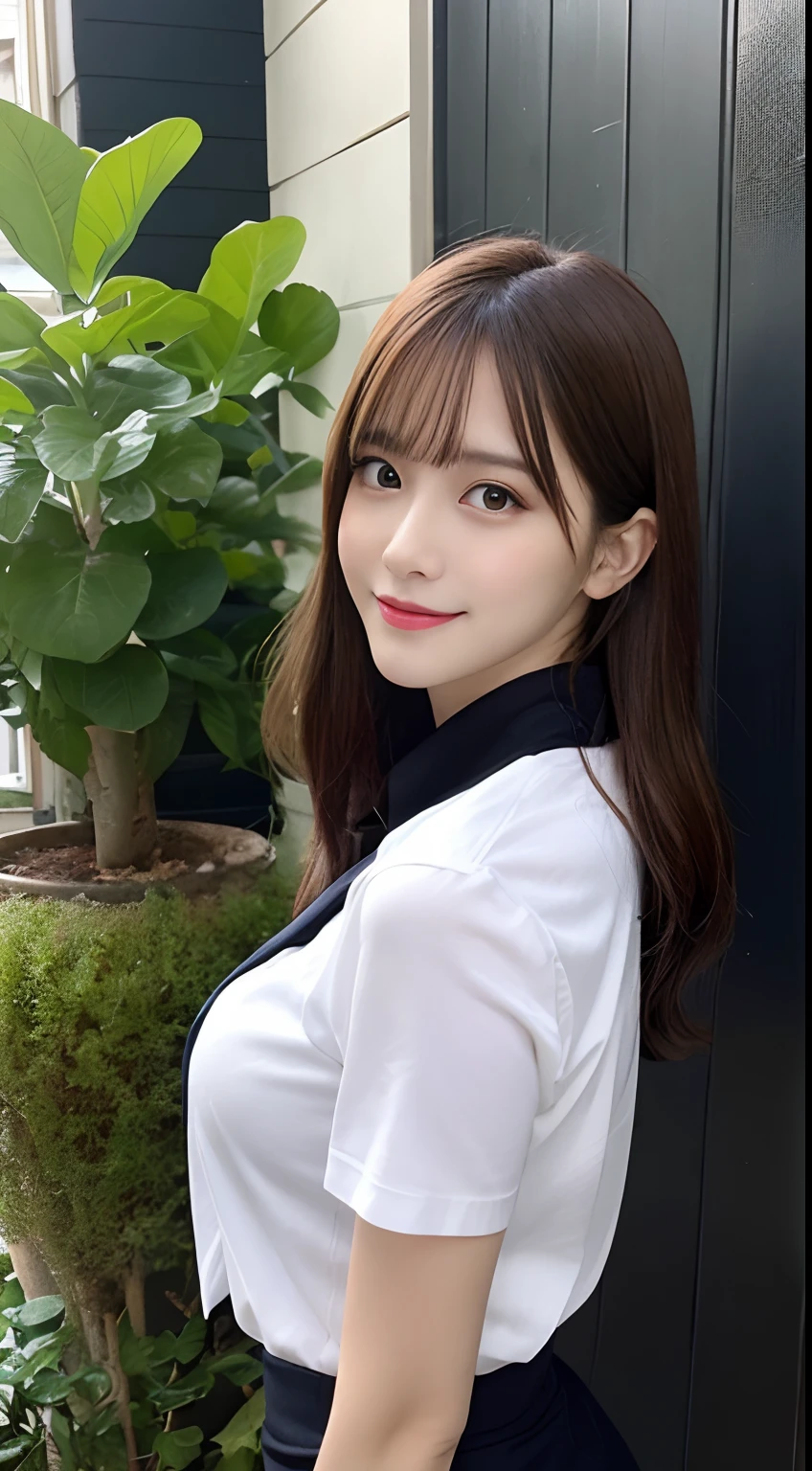 Tabletop, Highest quality, shape, Very detailed, In detail, High resolution, 8k wallpaper, Perfect dynamic composition, Beautiful details, White Magic Academy Uniform, Natural Lip, Big Breasts, Exposing the breasts,Asymmetrical Wave Hairstyle, smile, White Background