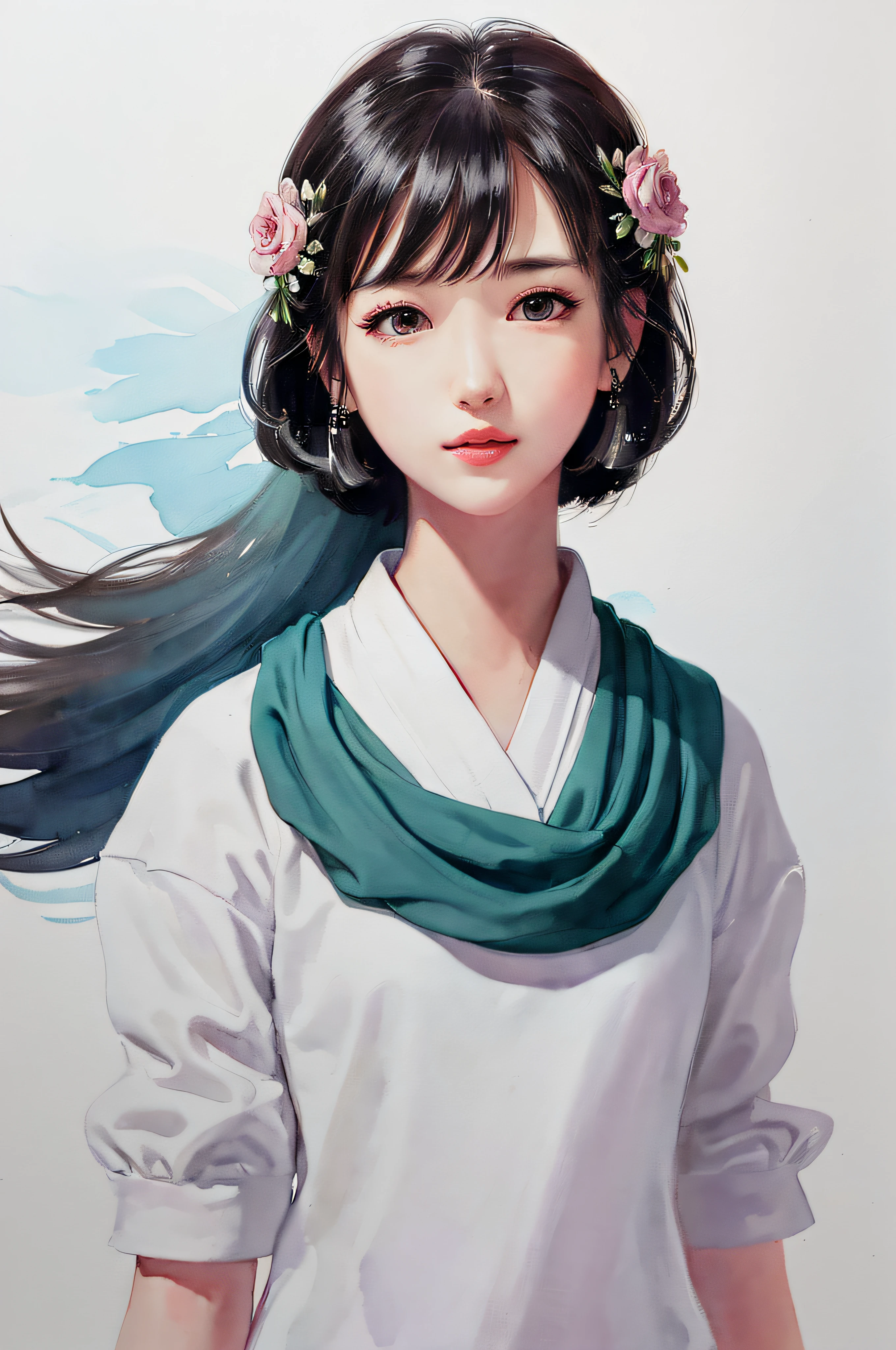 stechu,(white background:1.4), ((tachi-e)), original,(illustration:1.1),(best quality),(masterpiece:1.1),(extremely detailed CG unity 8k wallpaper:1.1), (colorful:0.9),(panorama shot:1.4),(solo:1.2), (ink splashing),(color splashing),((watercolor)), clear sharp focus,{ 1girl standing },((korean style )),flower background,outdoors,rocks, looking at viewer, make happy expressions,soft smile,pure,beautyfull detailed face and eyes,beautyfull intricacy clothing decorative pattern details, black hair,black eyes,colorwater