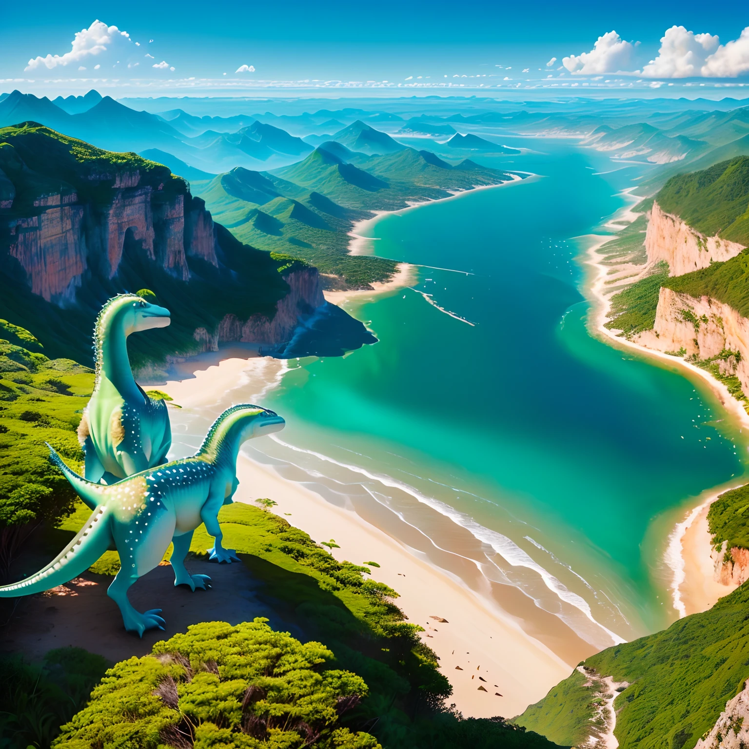 Uma paisagem com dinossauros e um ceu estrelado