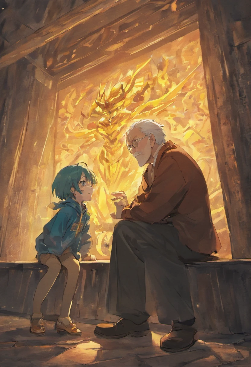 A grandfather talking to his 10-year-old grandson
Anime Style
