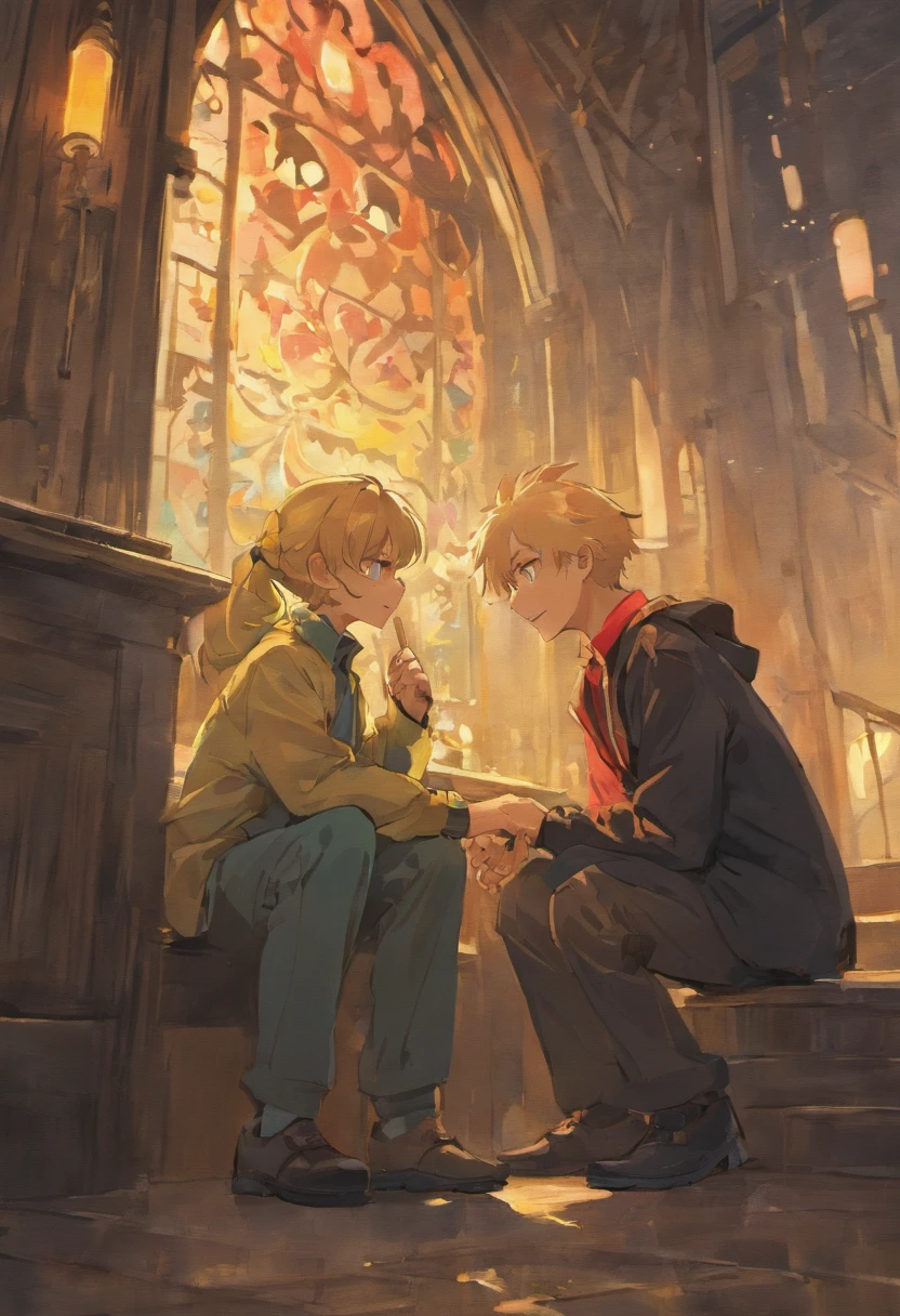 A grandfather talking to his -yeld grson
Anime Style