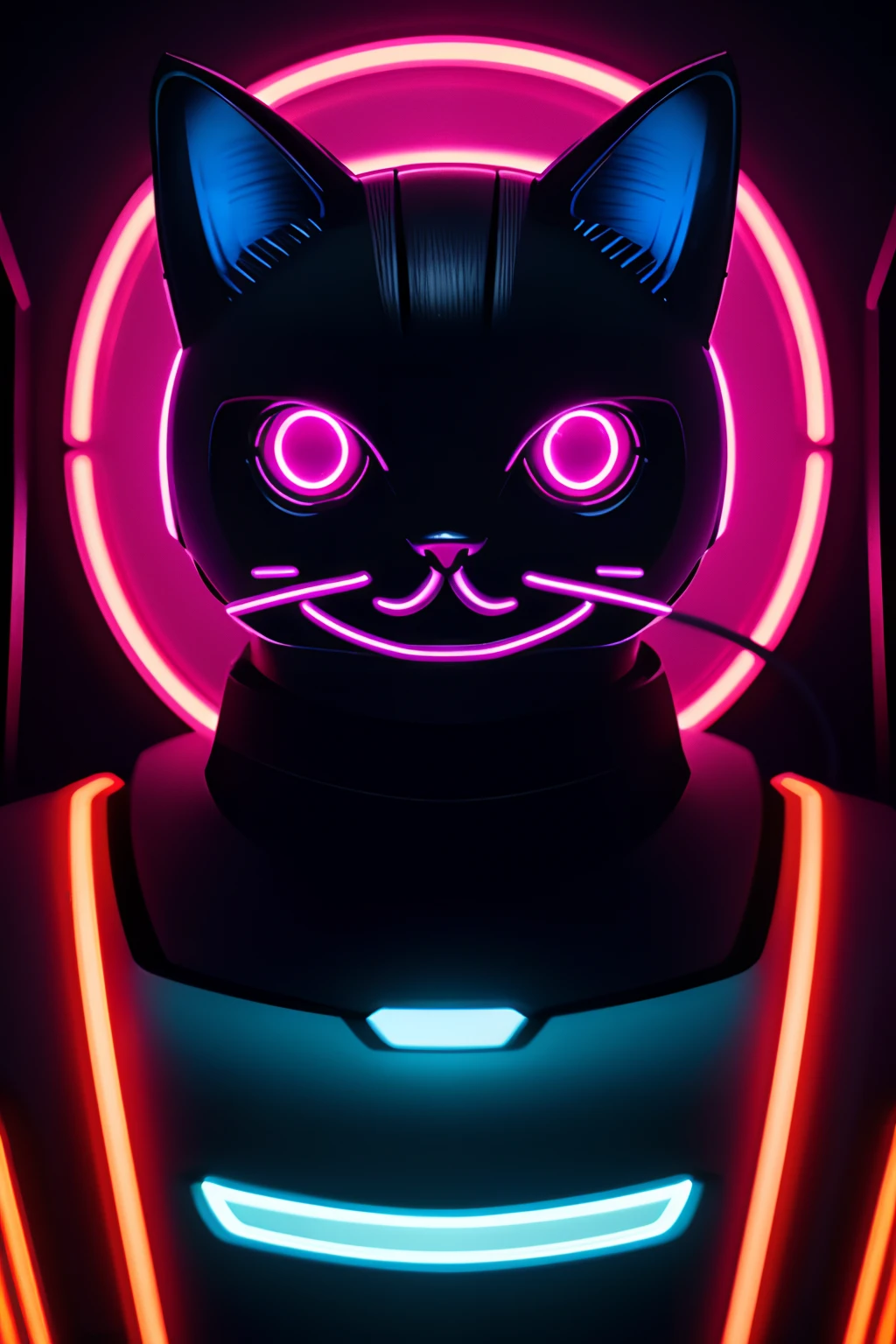 evil but cute robot face that slightly resembles a cat, 4k, retro, neon colors