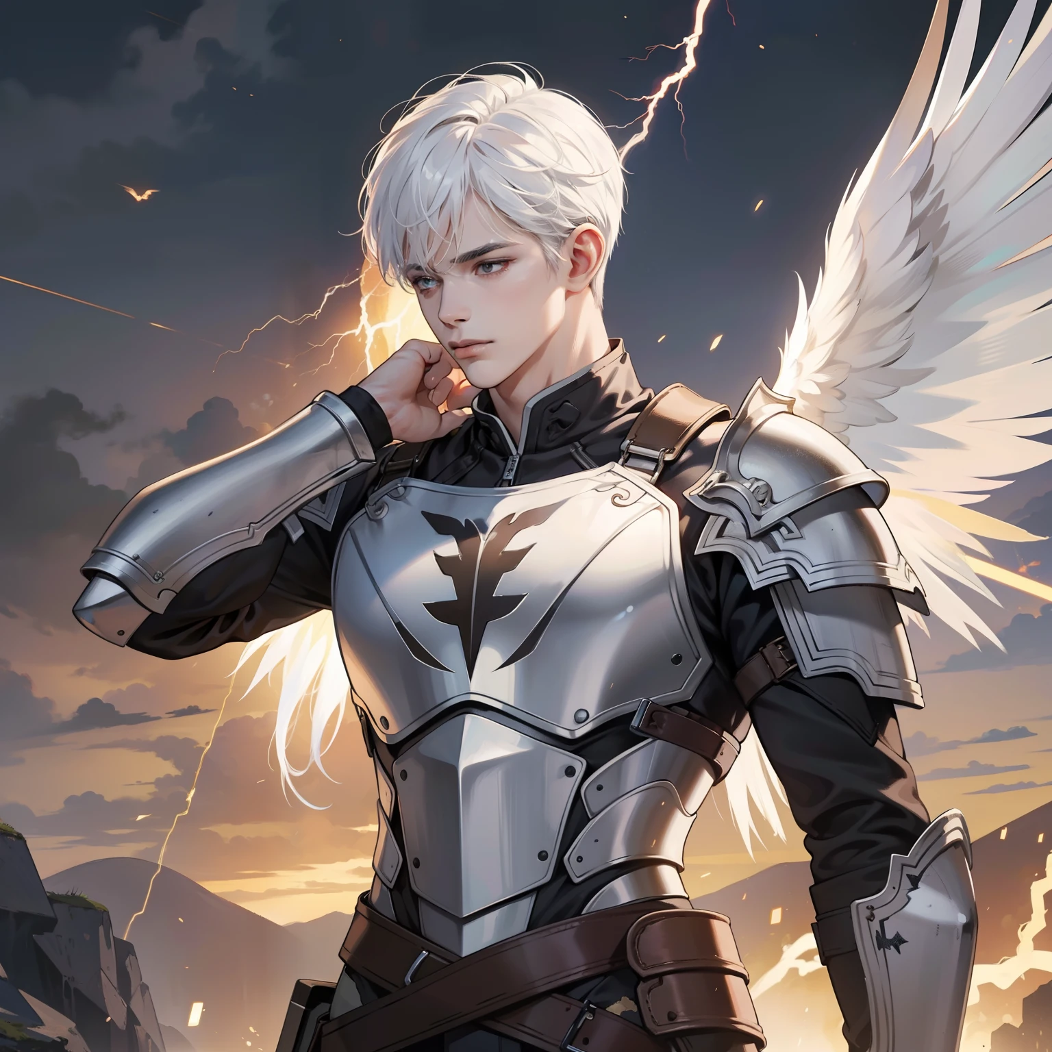 Masterpiece, high quality, best quality, HD, realistic, perfect lighting, detailed body, 1 man, white hair, facial expression, brown wings armor, lightning background