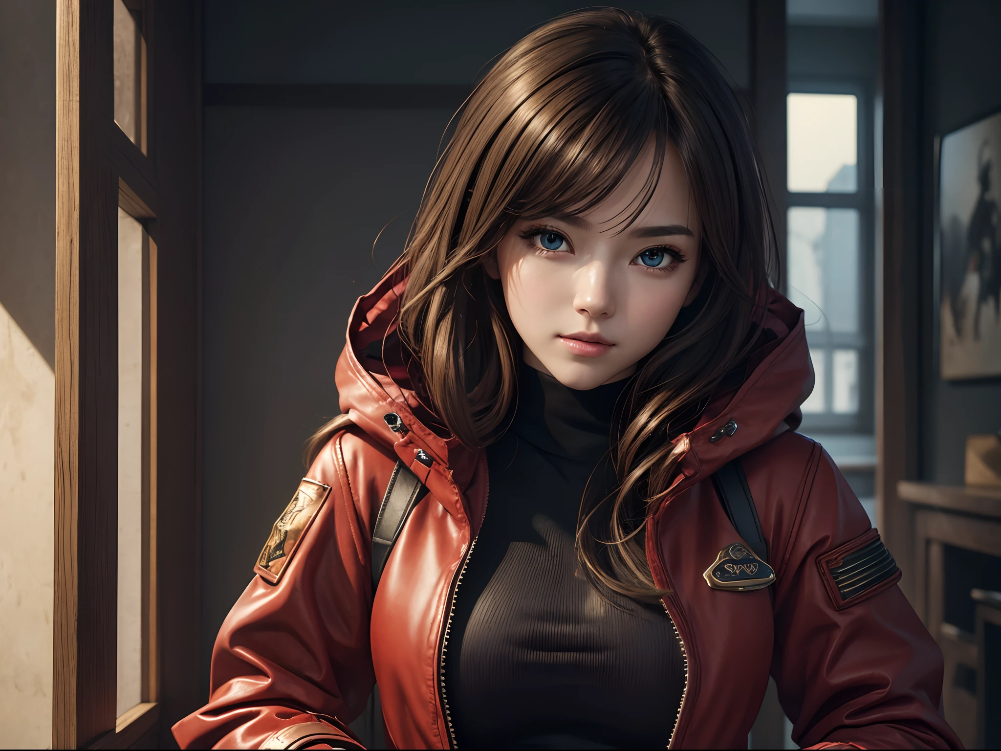(8K, Best quality, Masterpiece:1.2), Ultra-detailed, Masterpiece, Realistic lighting,Masterpiece, Best quality, Masterpiece, offcial art,Extremely detailed Cg Unity 8K wallpaper,Beautiful detailed eyes, light in face, 1girll, asuka,Upper body, Breasts, pilot_suit, Manteau, Red_Jacket, wind coat, mitts, strappy, Hair_decorations, bracer,