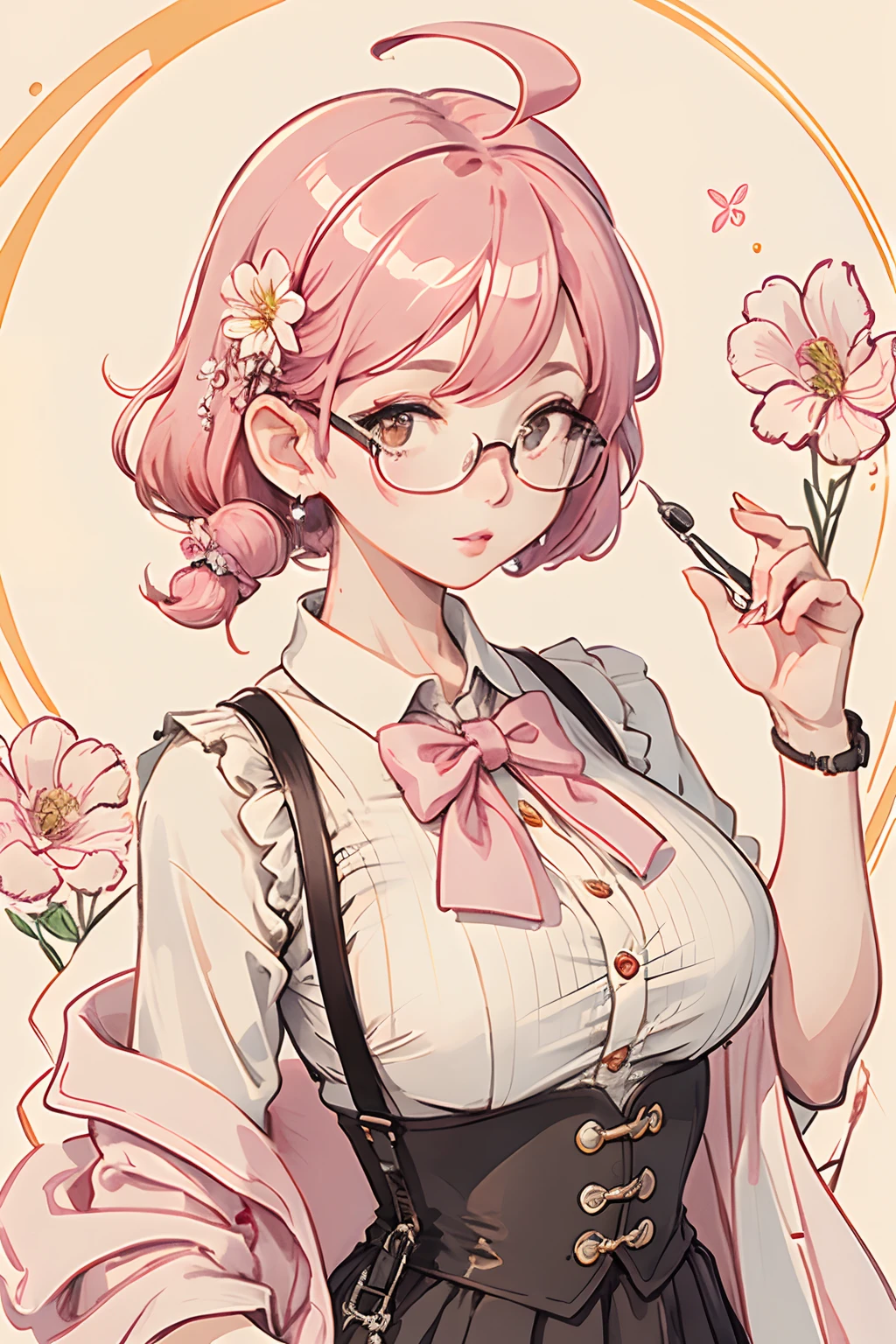 (masterpiece:1.2, best quality), (dinamic lighting) 1lady, solo, short hair, big breasts, (shiny skin:1.2), upper body, monocle, glasses, modern, wavy pink hair,Suspenders, flower on ear, harajuku style, hair pin, ,ahoge