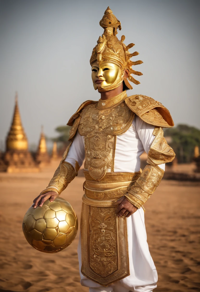 An adult footballer in a costume with a ball and a mask stading in front of goal,  in style of Lakhon Khol, Lakhon Khol costume, Khmer costume, intricate white and gold armor, ornate white and gold armor, high-quality theater costume, picture of an adult male footballer, Kkhmer art, apsaras warrior,